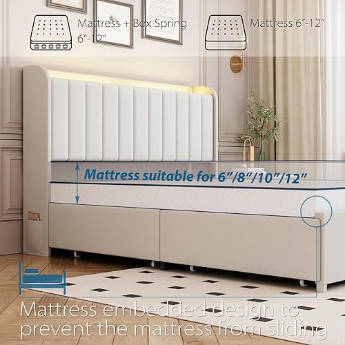 Miniatura 6 de Base de cama tamaño matrimonial con 4 cajones y cabecera de almacenamiento, base de cama tapizada con luces LED y práctica estación de carga, no
