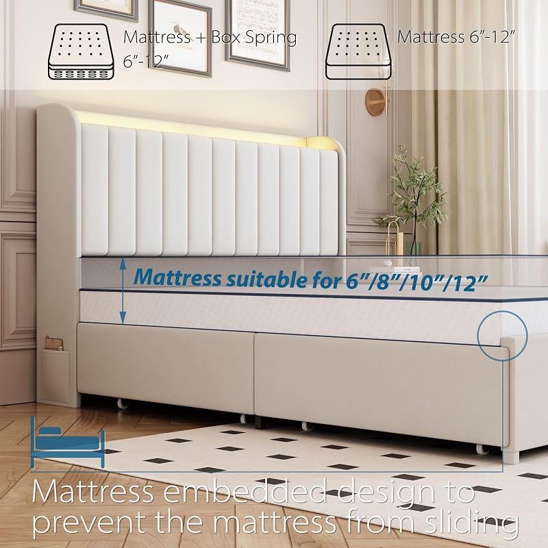 Queen Bed Frame with 4 Drawers and Storage Headboard, Upholstered Platform Bed Frame Queen Size with Led Lights and Handy Charging Station, No Box Spring Needed, Easy Assembly, Noise Free, Beige image 6