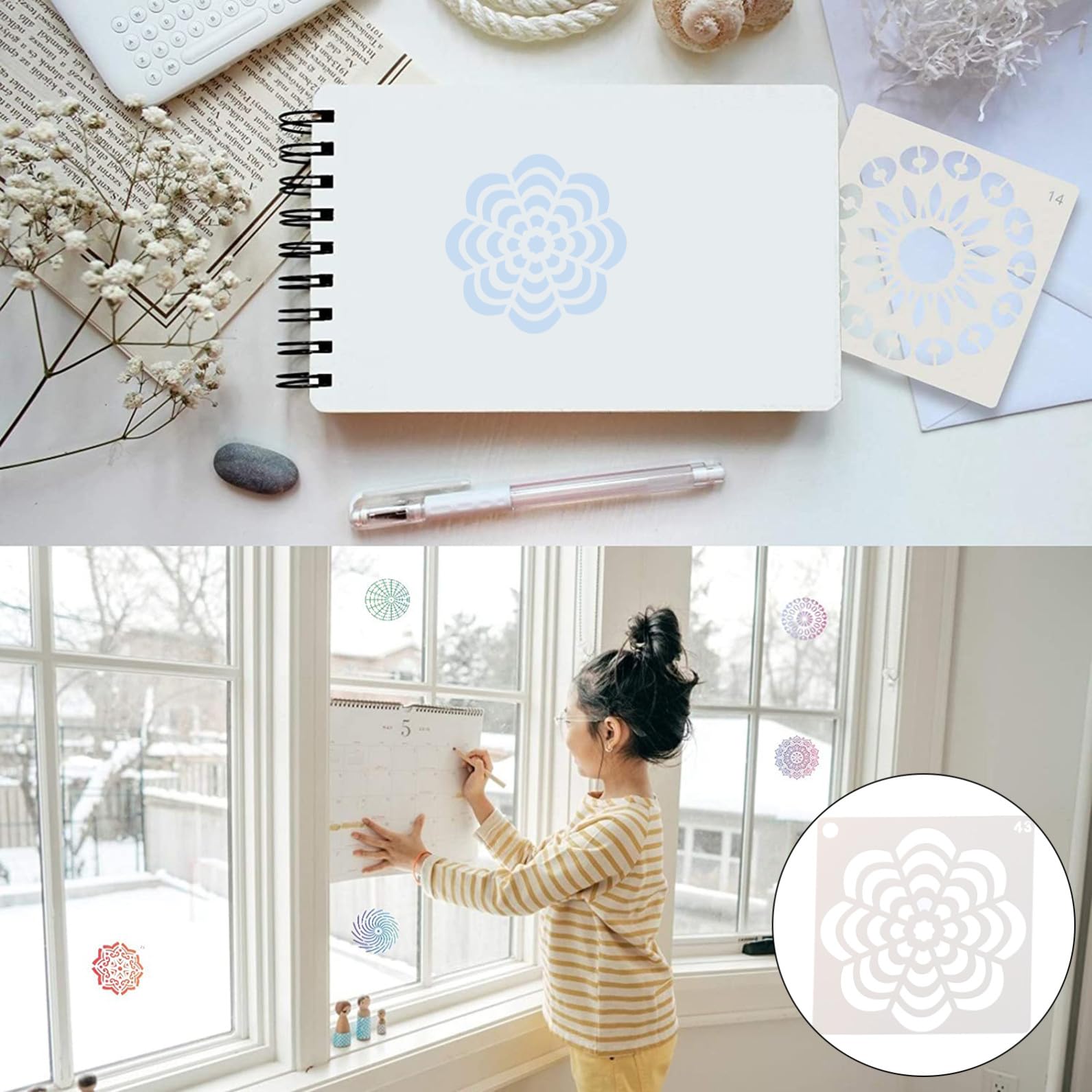 2 Set Mandala Template Stencil Pittura Artigianato Scrapbook Mandala Stencil Mandala Lascia Disegno Modello Plastica Bianco 56 Pezzi * 2