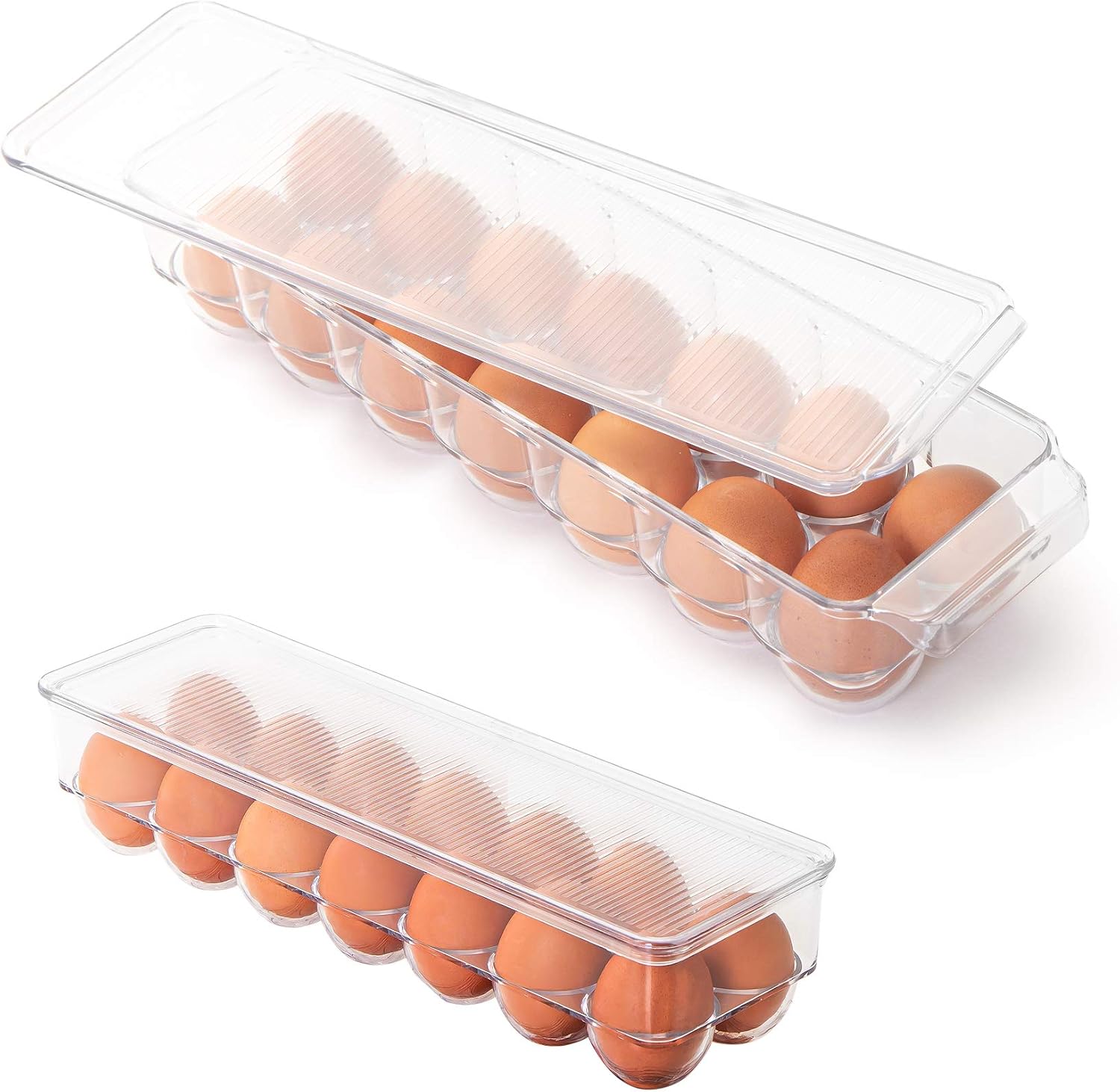 Smart Design Stackable Refrigerator Egg Holder Bin with Handle and Lid - Set of 2 - BPA Free Plastic - Fridge, Countertop, Large Cabinet, Home Pantry Food Tray - 14.65 x 3.25 Inch - Clear