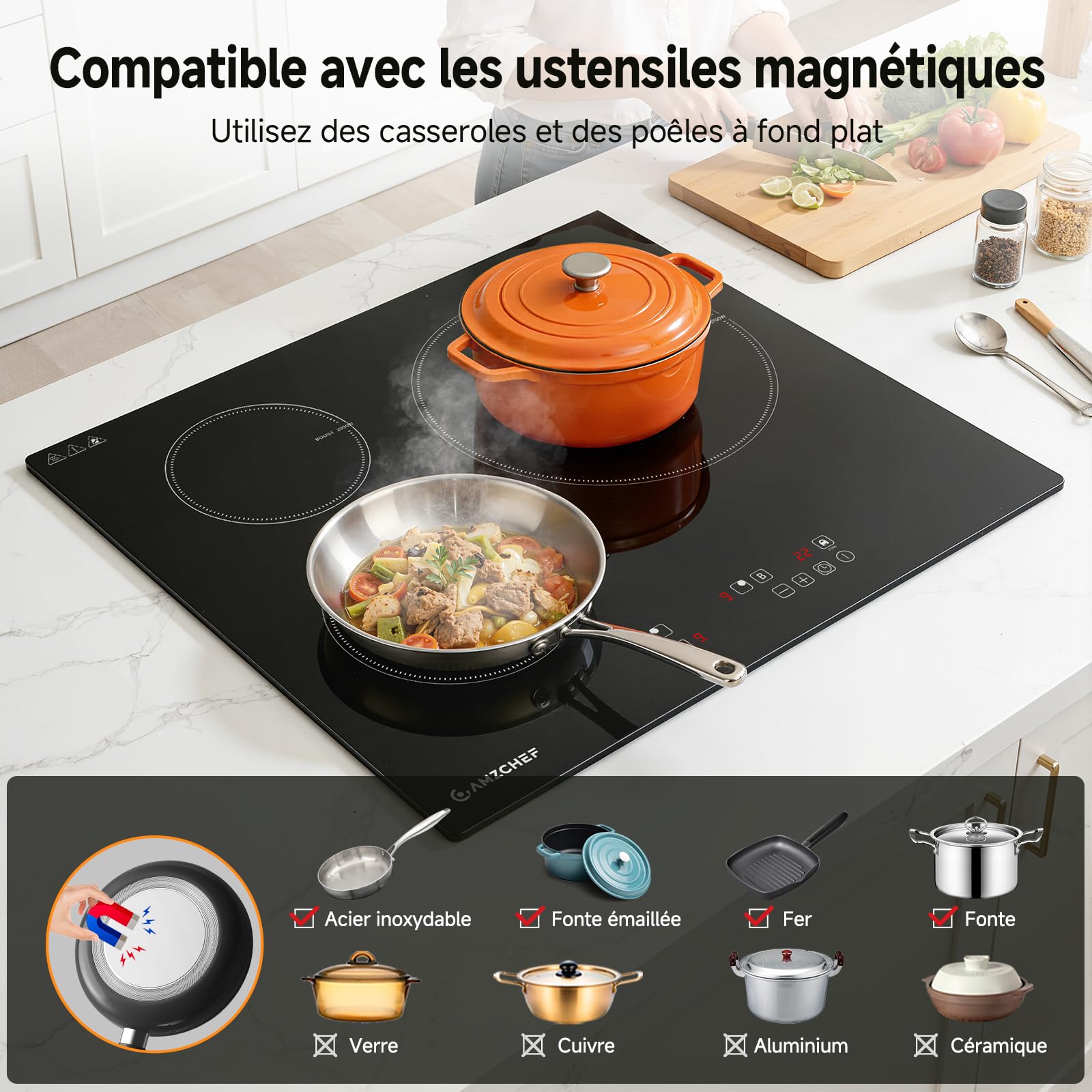 AMZCHEF Plaque Induction 3 feux 7400W avec 9 Niveaux de Puissance et Fonction Boost, Sécurité
