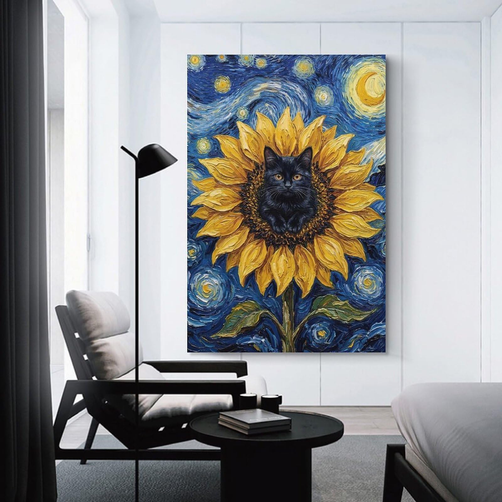 Junmoney Unframe-Style-20 Black Cat In Sunflower Room Decor Wall Art, 20X30inch(50X75cm), For Living Room, Bedroom, Office Or Hallway, Decorative Artwork With Broad Appeal