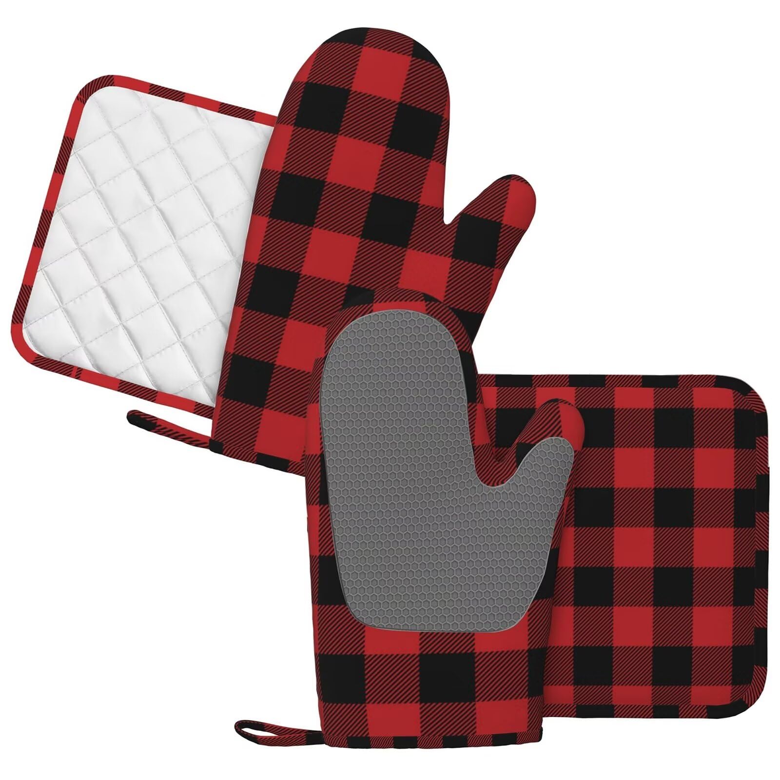 Ensemble de gants de cuisine et maniques à carreaux rouges et noirs en silicone résistant à la chaleur Rouge et noir à carreaux rouges et noirs