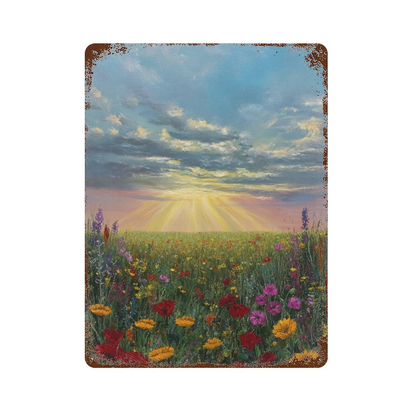 Sunset Wildflower Field Painting Rust Effect Tin Sign 15.7"x11.8", Industrial Home Decor for Cafe, Home Bar And Lounge Decor