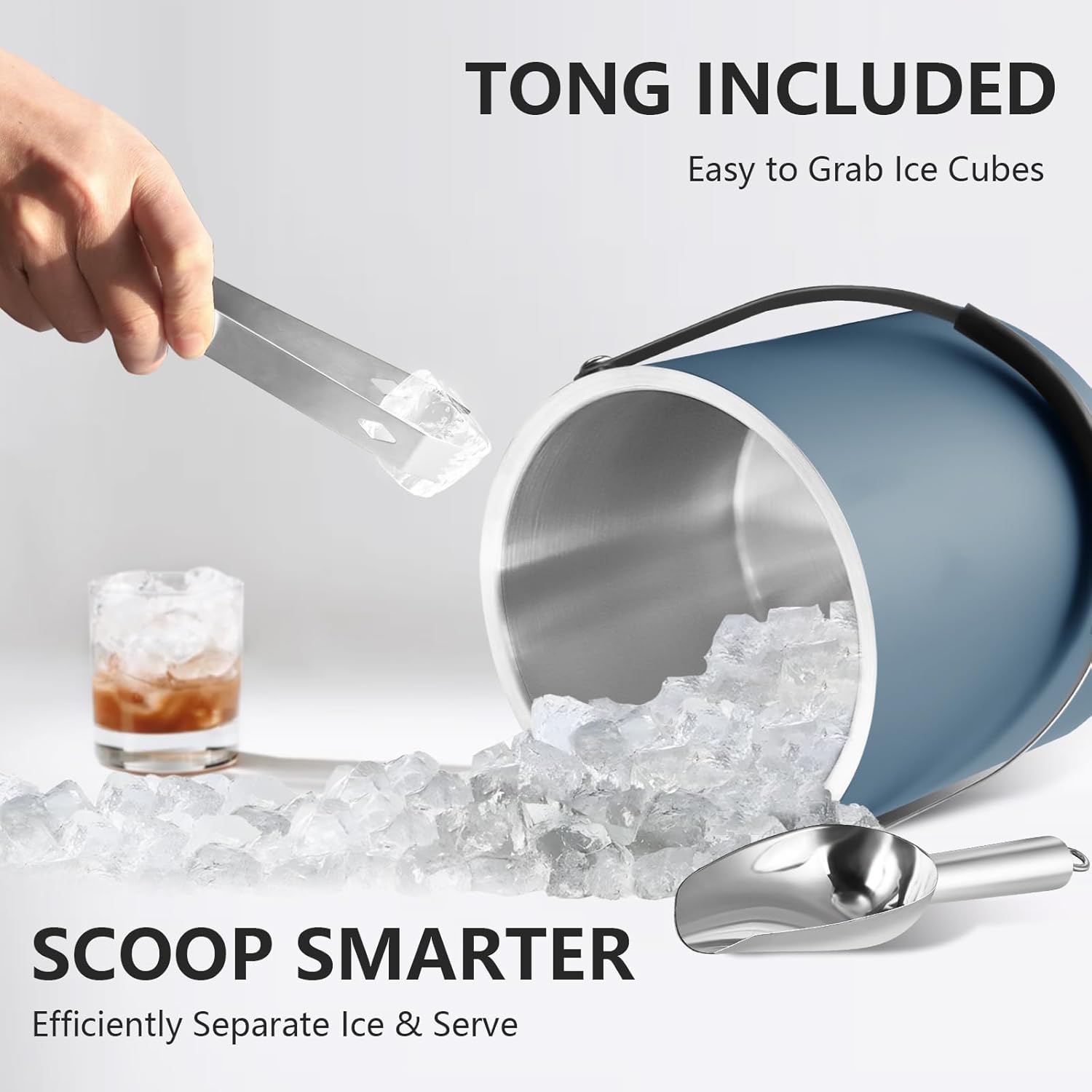 3L Ice Bucket with Silicone Lid, Scoop, Tongs & Strainer, Stainless Steel Double Wall Insulated Ice Buckets for Parties & Cocktail Bar, Outdoor Champagne Ice Container Bin, Navy - Image 3
