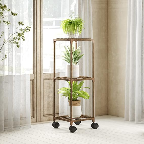 Bamworld Plant Stand with Wheels Indoor 3 Tier Plant Shelf