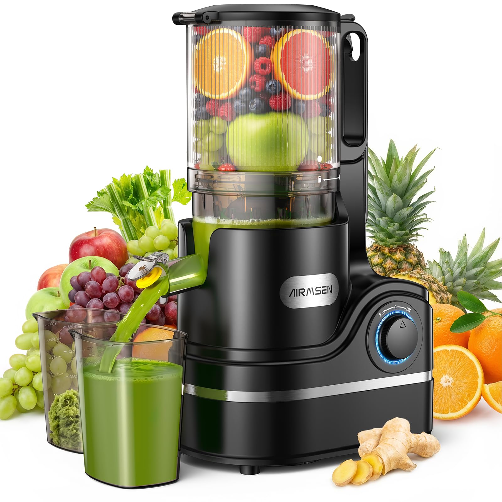 Top view of the AIRMSEN juicer's wide feed chute filled with various whole fruits and vegetables like carrots, celery, apples, and kale.