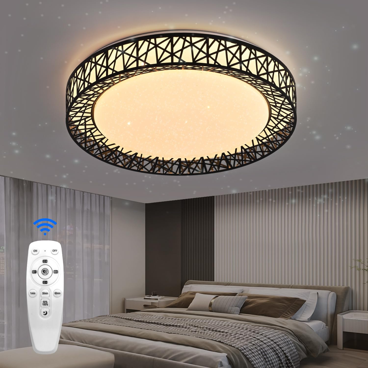 ZYCYLIGHT LED Flush Mount Ceiling Light Fixture, 45W 18.9 Inch, Dimmable LED Fixture Lamp, Brightness Adjustable Ceiling Light, with Remote Ceiling Lamp, for Bedroom, Living Room, Hallway