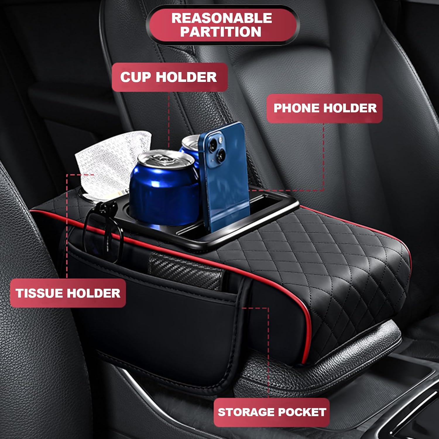 XUKEY Car Armrest Cushion Leather Center Console Covers 5-in-1 Armrest Organizer with Storage Box,Tissue Box,Cup Holder,Phone Slot, Middle Console Cover Cushion Pad Car Interior Organizers, Black-red