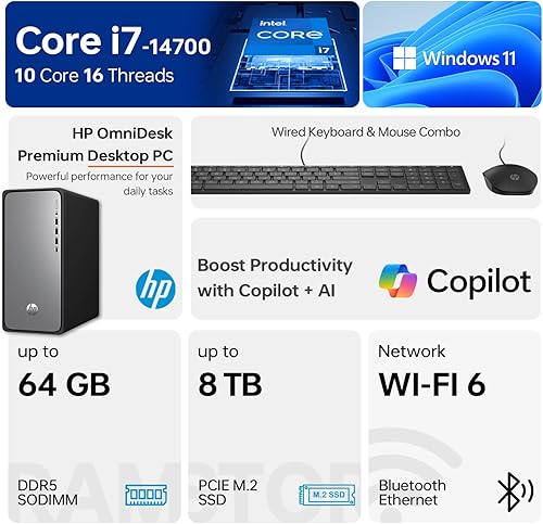 Miniatura 2 de HP OmniDesk M02 Business Tower Desktop con copilot, Intel Core i7-14700, 16 GB DDR5 RAM, SSD de 1 TB, teclado y mouse con cable, Wi-Fi 6, Bluetooth