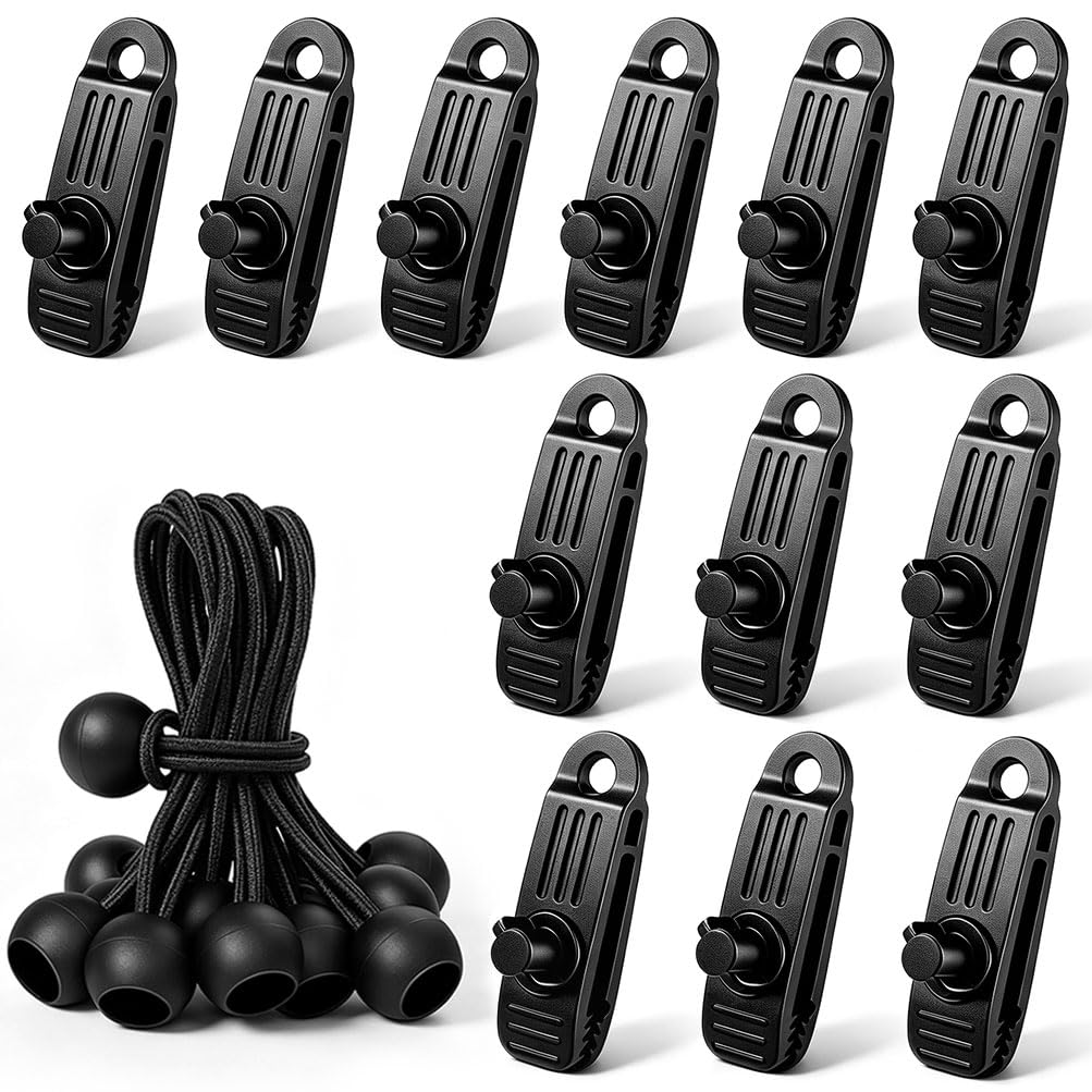 Gmili 24 Juegos de Kits de Clips para Lonas, 12x Pinzas de Lona Multifuncional/Abrazaderas resisten 60 mph Fuerte Viento, 12x Tensores de Tiendas de Campaña para toldos/tarp/caravanas/Camping