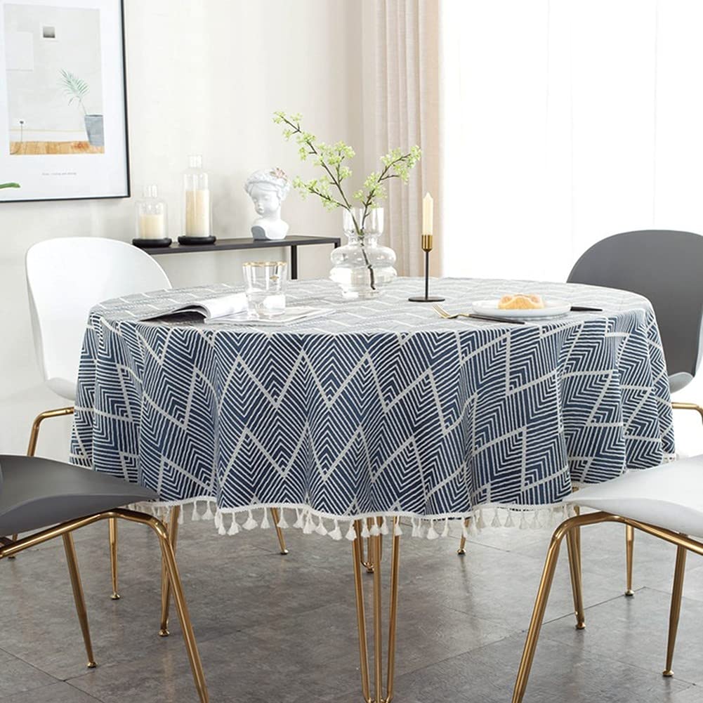 YFDC Nappe Ronde Nappe De Coton Imitation De Couleur Unie Simple Nordique, Nappe Ronde En Dentelle De Gland De Chanvre Nappe De Café Bleu Gris (H,Round Diameter 100cm