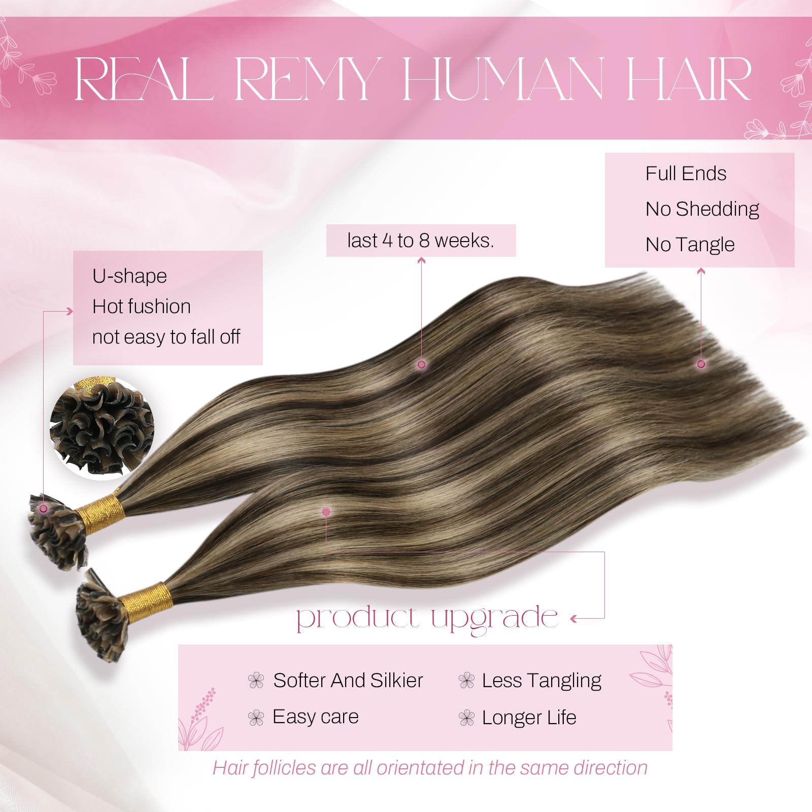 Moresoo Pre Bonded Hair Extensions 18 Inch U Tip Hair Extensions Real Human Hair Dark Brown Highlighted Caramel Blonde 1g/s 50g 50s/Pack #P4/27 - Image 2