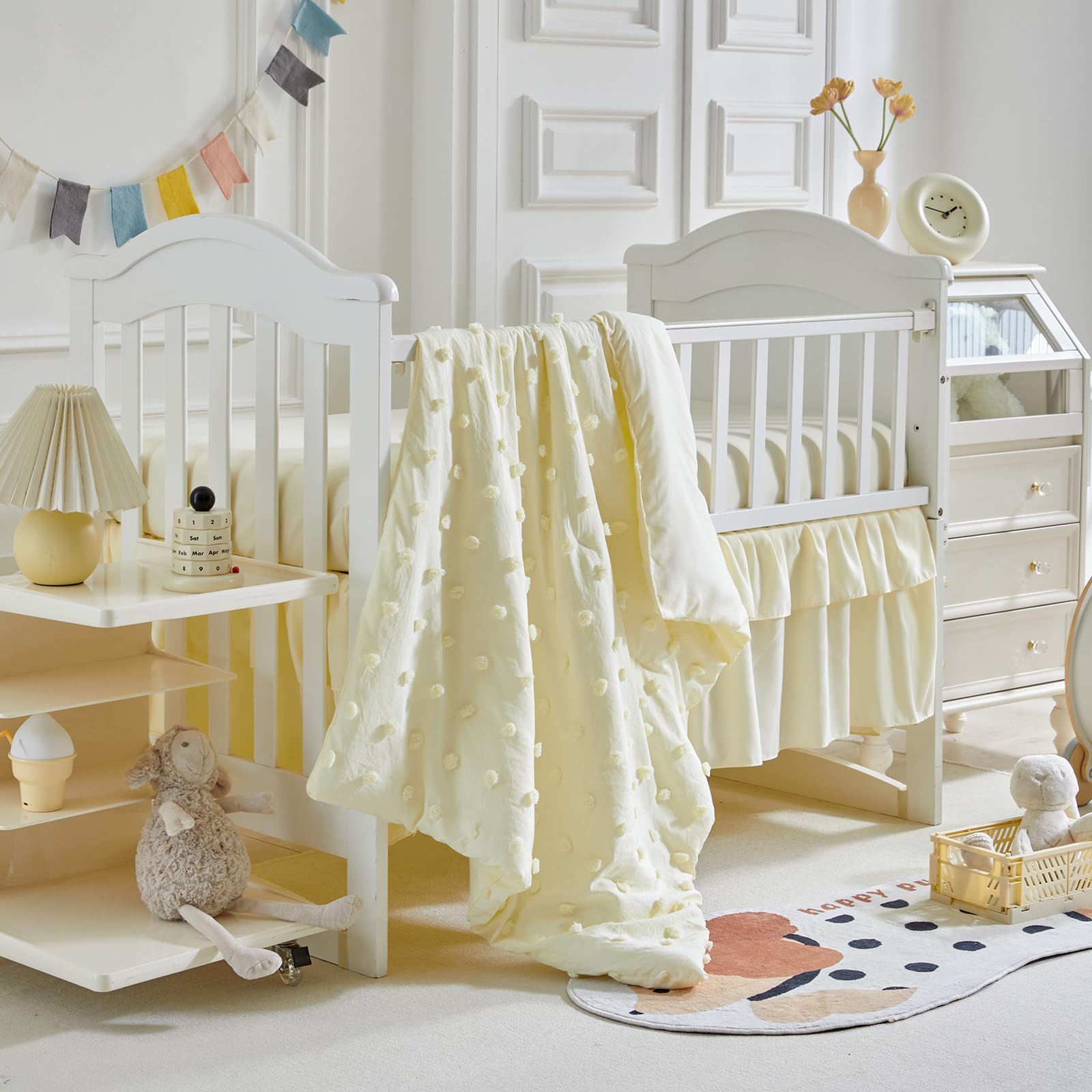 Juego de ropa de cama para cuna, 3 piezas, edredón acolchado con volantes y sábana bajera ajustable y falda de cama con volantes, bonita ropa de cama para bebé desgastada solo se adapta a minicunas
