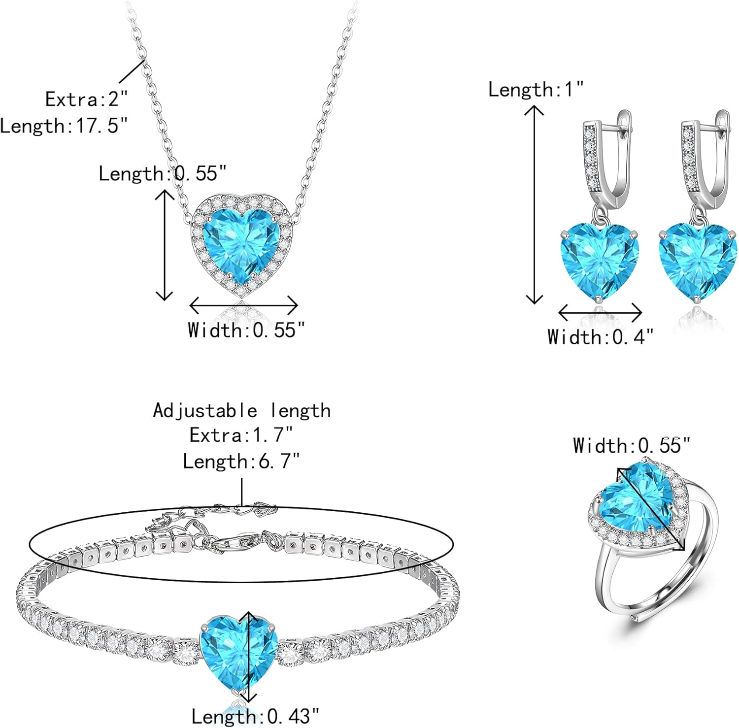 Crysdue 3/4 Pcs Heart Jewelry Set for Women, Cubic Zirconia Pendant Necklace Hoop Earrings Open Ring Charm Tennis Bracelet Set for Prom Party, Birthday Valentines Mothers Day Christmas Jewelry Gift