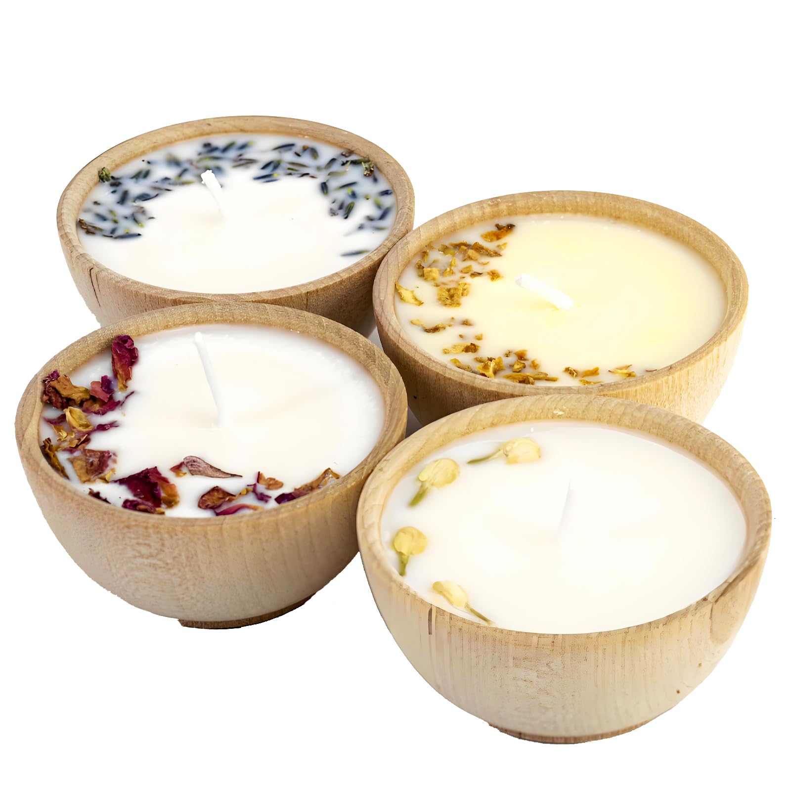 Poranlem Decorative Soy Wax Candles in Wooden Bowls Set of 4 Aromatherapy Candles with Dried Flowers Lavender Rose Handmade Bohemian Style Natural Aesthetics Home Decor