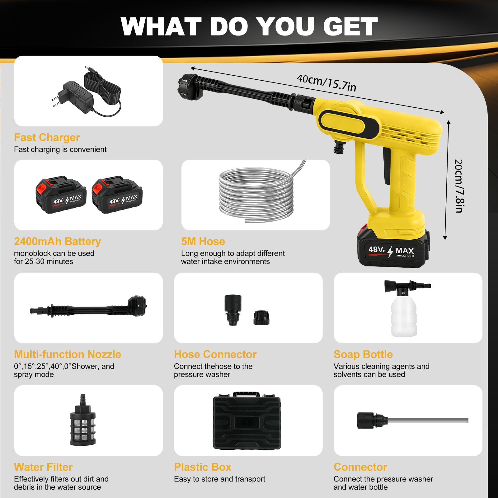 Idropulitrice Portatile, 650 Bar Idropulitrice a Batteria con 2 Batterie da 2400mAh, Motore Brushless, Ugello 6 in 1, Tubo 5 M e Scatola Portaoggetti, per Giardino, Auto e Pulizie Esterne