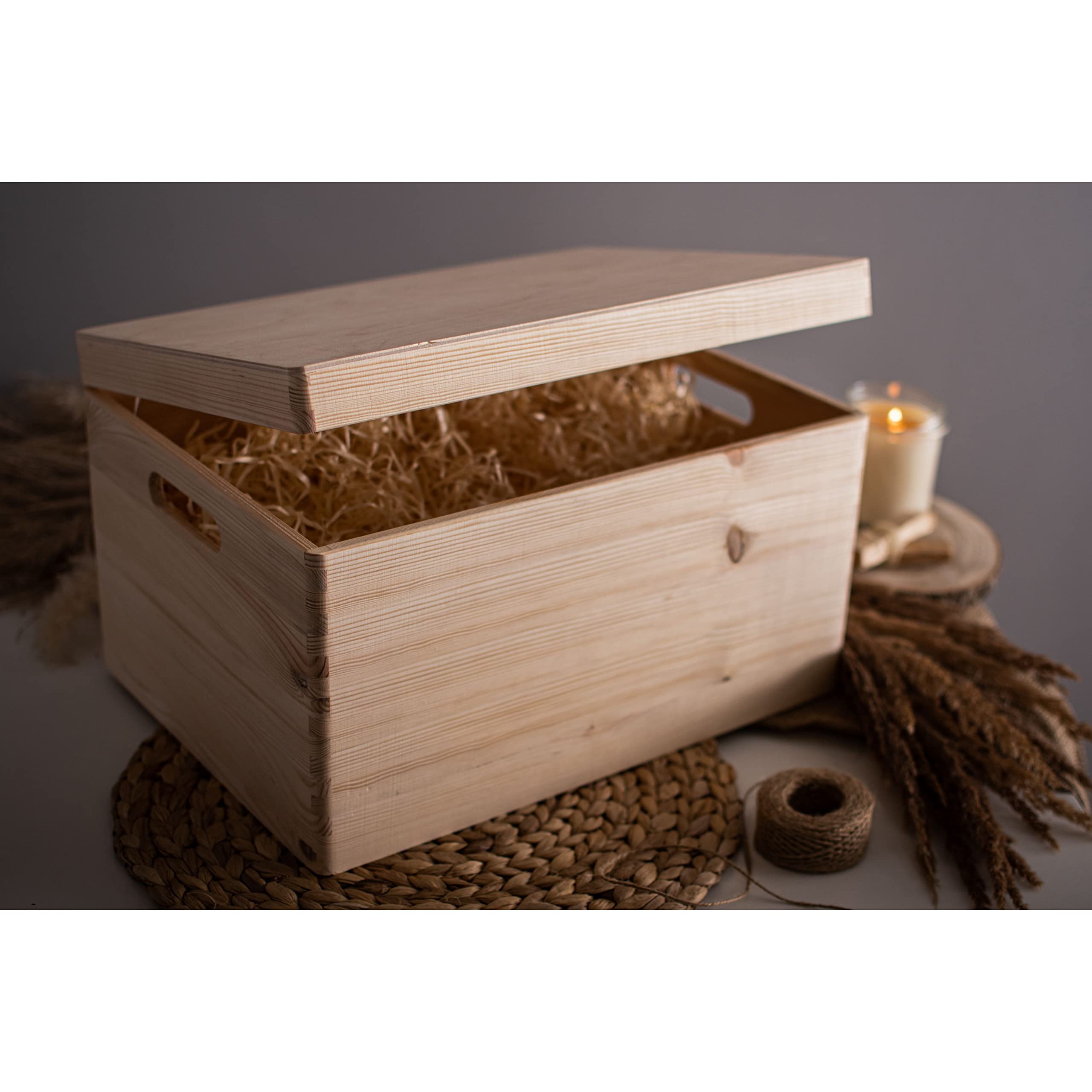 Unlackierte Holzkiste mit Deckel und Griffen für Aufbewahrung, Dekoration, Organisation, große natürliche Holzhandwerk, rustikale Wohnkultur, 40 x 30 x 24 cm