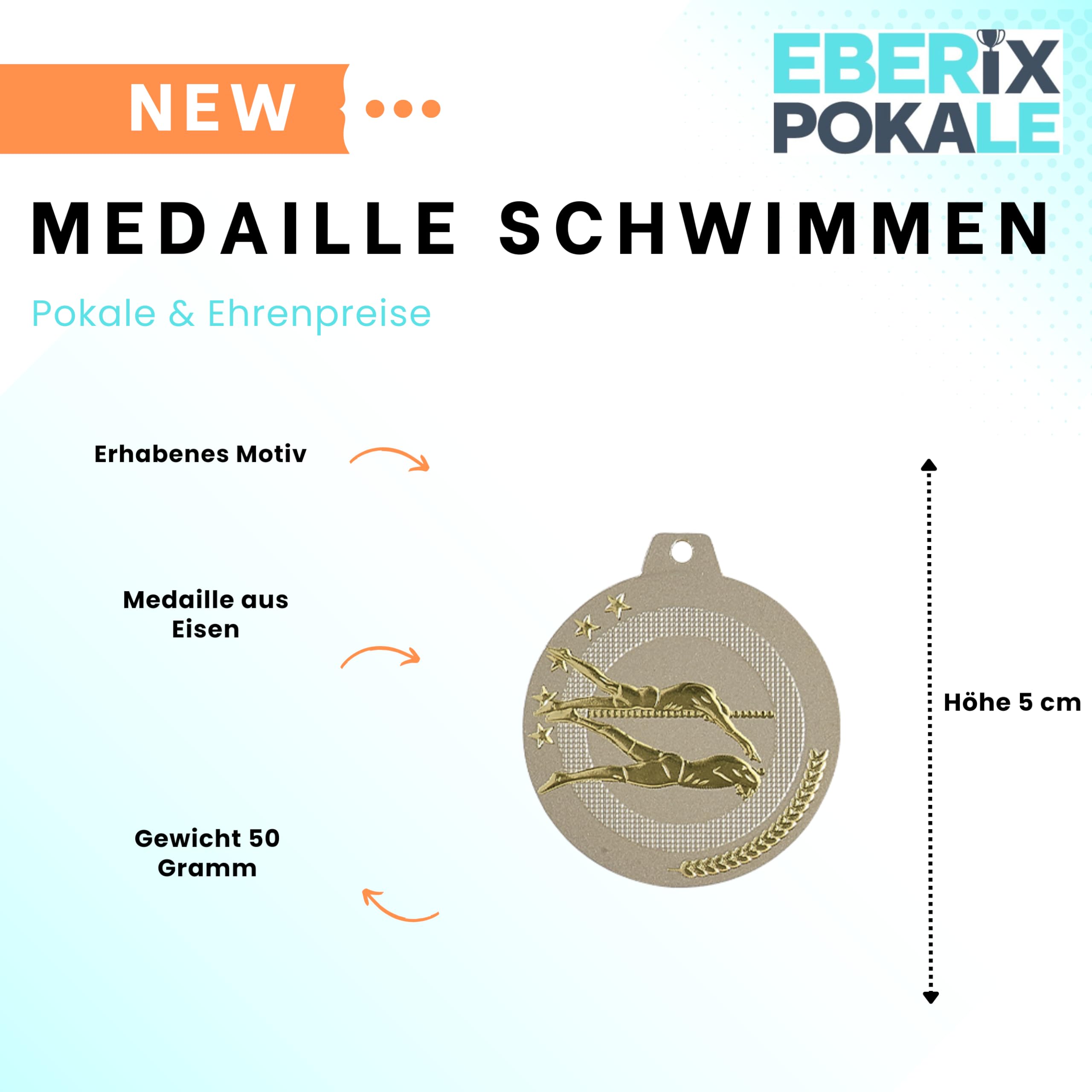 Schwimm Medaille 50 mm, Sportmedaille aus Eisen mit Band, Schwimm Auszeichnung für Turnier, Verein, Schule & Wettkampf, Medaillon für Sieger, Schwimmsport Ehrung | Aus Eisen