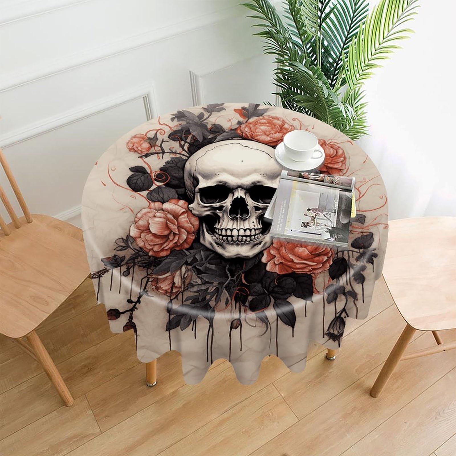 VstaDank Ancient Skull and Flowers Tablecloth Easy to Clean Polyester Round Table Cover Washable Round Table Cloth Wrinkle-Free Circle Decoration Tablecloth for Kitchen Dining Room 60"
