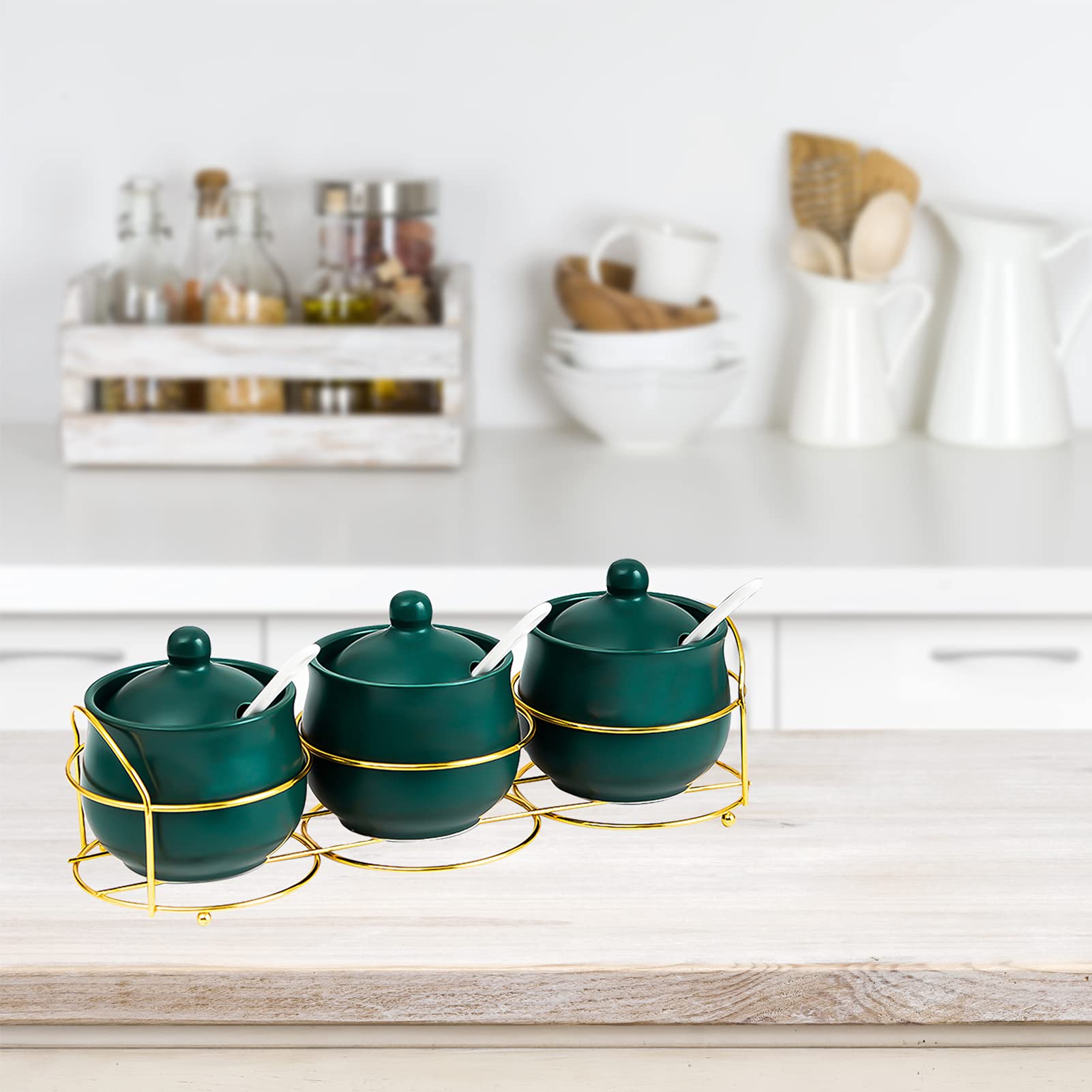 Gewürzdosen-Set aus Keramik mit Löffel, dunkelgrüne Gewürzbehälter mit Deckel, Gewürzgläser Gewürzdosen Set für Tee Kaffee Gewürzsauce