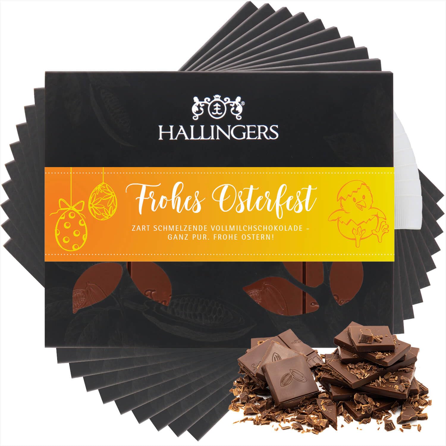 Hallingers Genuss Manufaktur Schokolade Oster-Geschenk - Tafel Edelkakao handgeschöpft ohne Alkohol edler Karton 10x "Frohes Osterfest" Pur, Ostern Körbchen für Frauen Männer