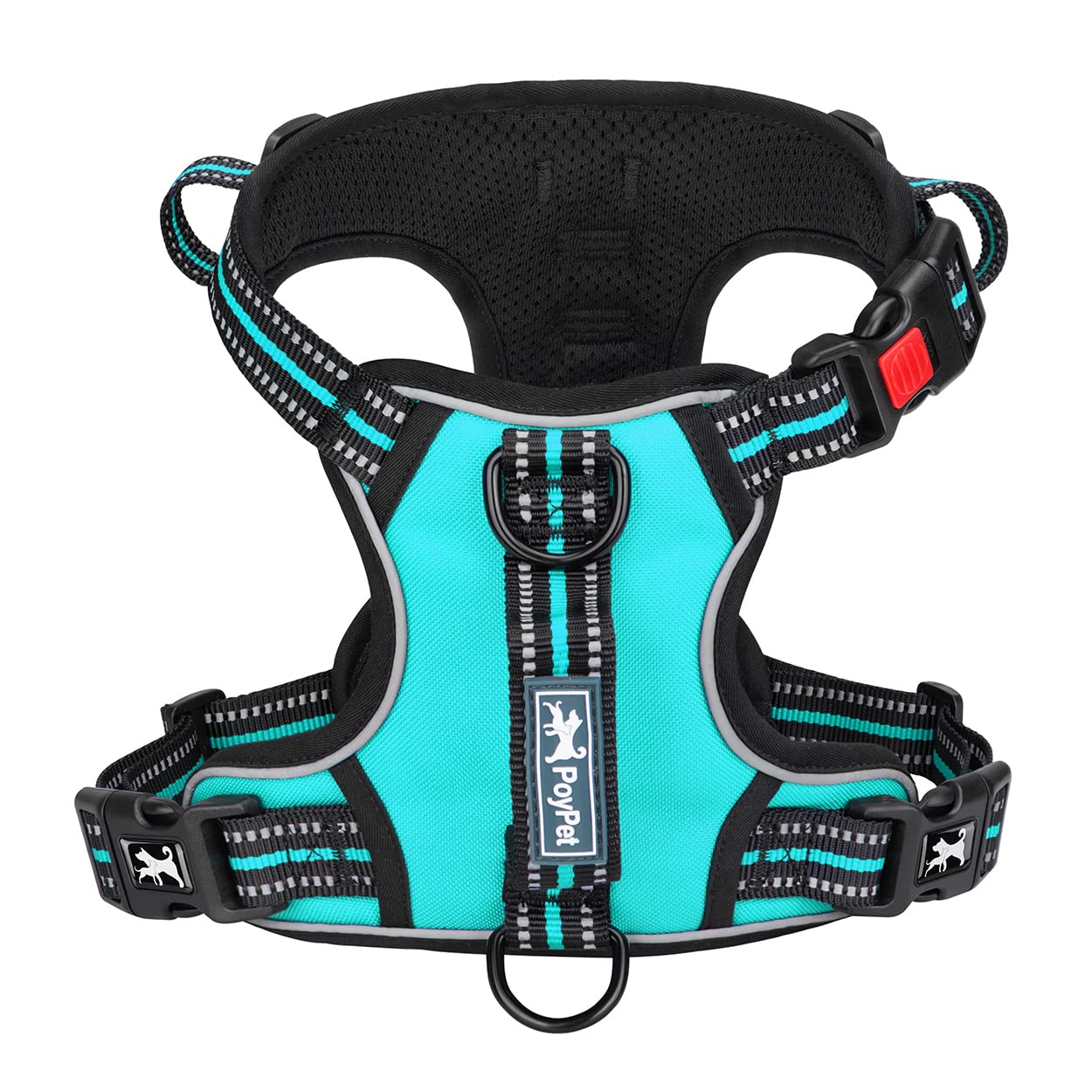 PoyPet No Pull Dog Harness, No Choke Front Clip Reflective Dog Vest with Soft Padded Vertical Handle, 3 Leash Attachments for Small Medium Large Dogs (Mint Blue,XL)