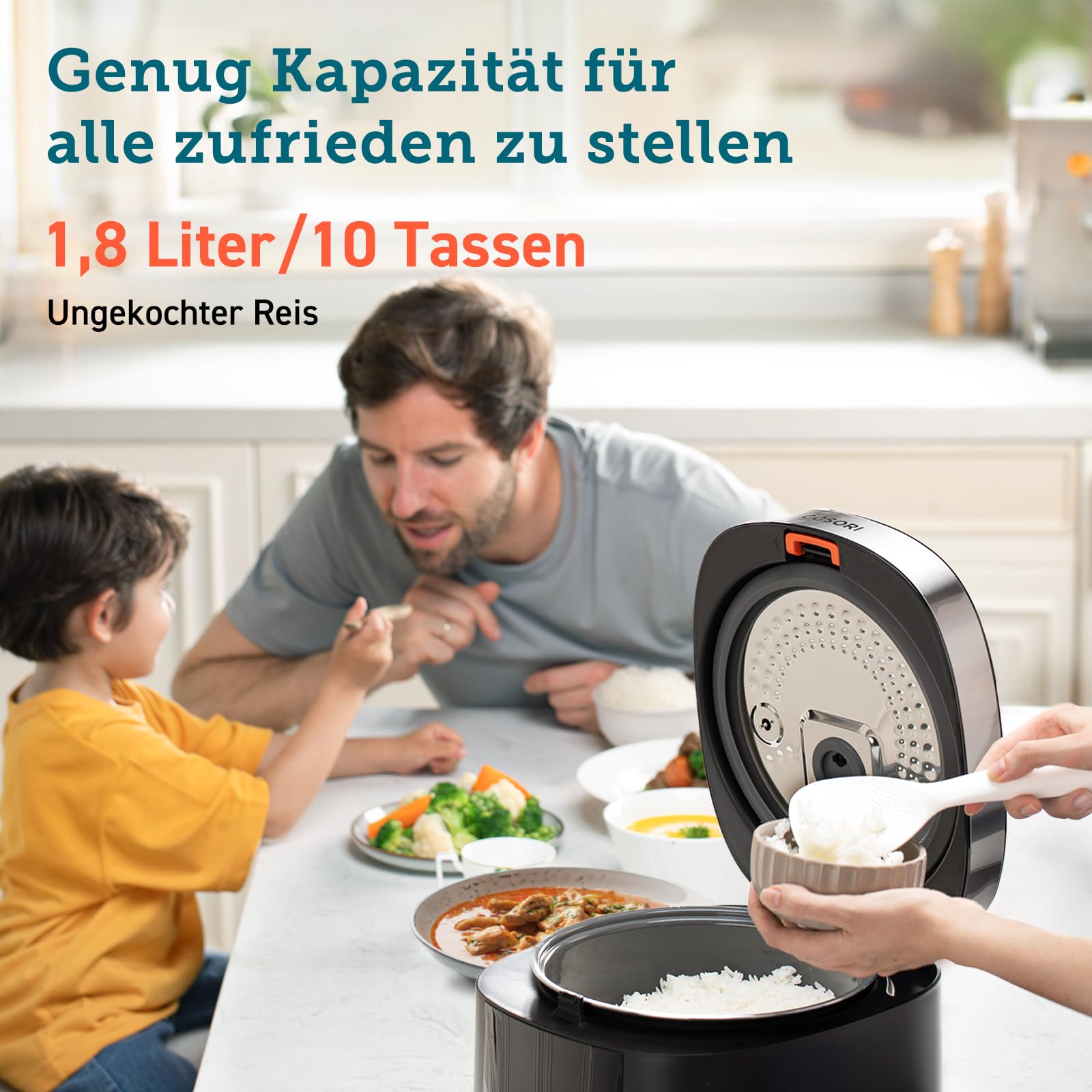 COSORI Reiskocher, Keramikbeschichtung, Rice Cooker 5 L, Multikocher mit 17 Programme, Fuzzy-Logik, Dampfgarer mit Edestahleinsatz, Warmhaltefunktion, Timer, Schwarz