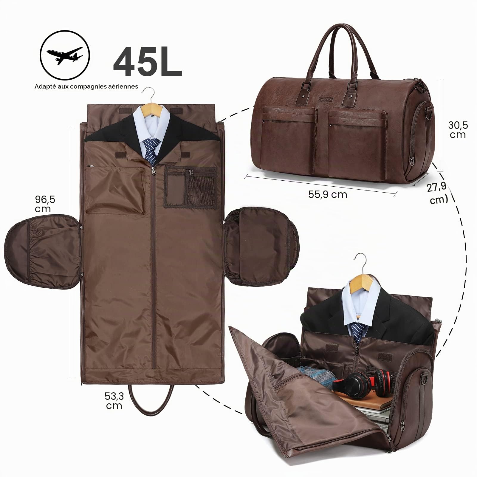 Modoker Sac à vêtements Convertible en Cuir, Sac à vêtements pour Voyage, Sac de Voyage imperméable, Cadeau pour Homme, Femme, Affaires – 2 en 1 Valise à Suspendre, Costume, Sacs de Voyage, Marron