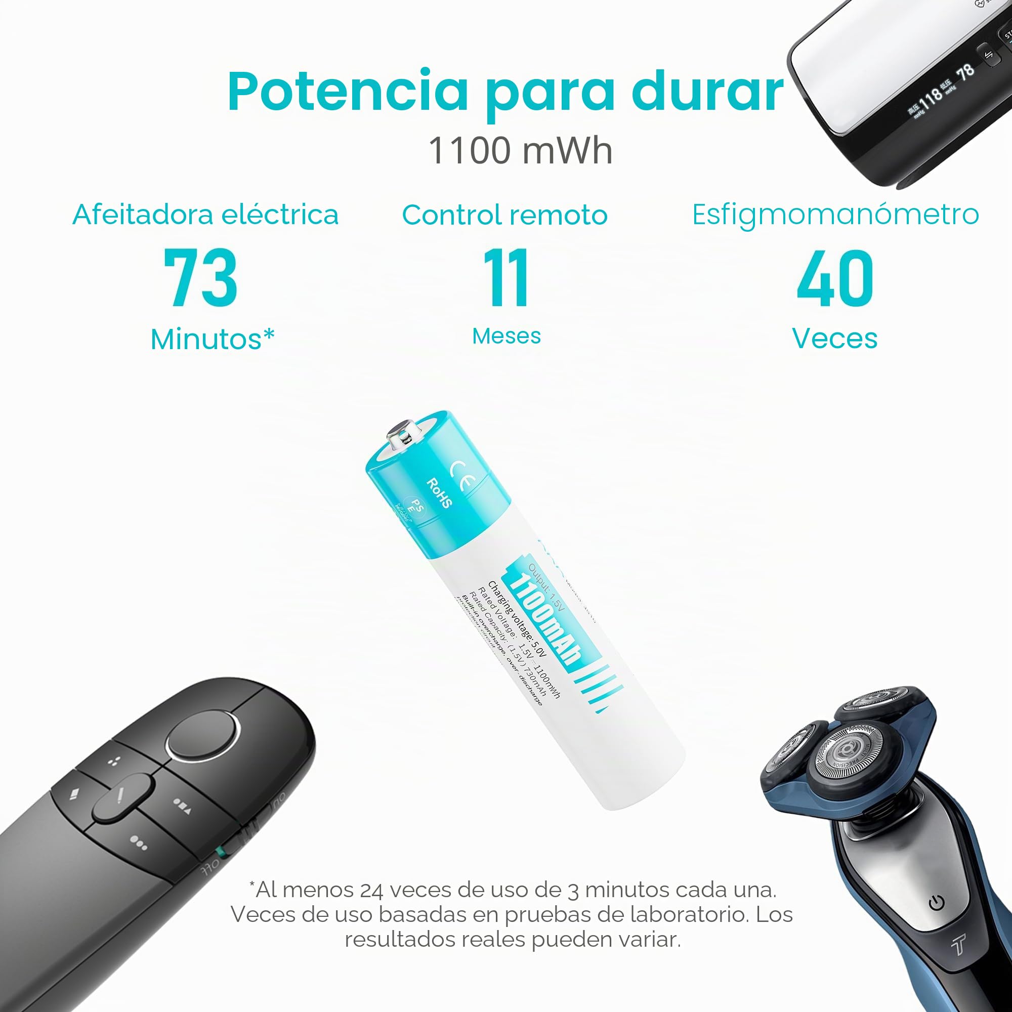 Pilas Recargable AAA Litio 1,5V - LED Cargador de Pilas AA AAA con 8 Unidades Baterias Lithium Capacidad Alta 1100mWh - Ultra Rápido 2H - Duración 10 Años,1300 Ciclos para Juguetes, Afeitadoras