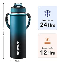 GOSWAG Insulated Sports Water Bottle, 24oz 2 Lids(with Straw/No Straw), Stainless Steel Water Bottles with Paracord Handle, Insulated Bottle with Double-Wall Vacuum Insulation