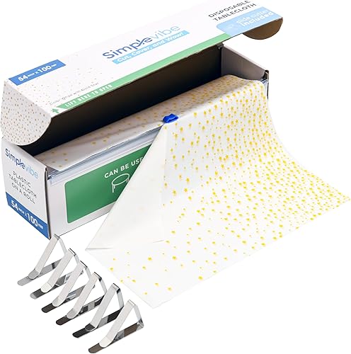 Rollo desechable de plástico blanco de 54 pulgadas x 100 pies con 6 clips de mesa  Rollo de cubierta de mesa para mesas cuadradas, rectangulares,