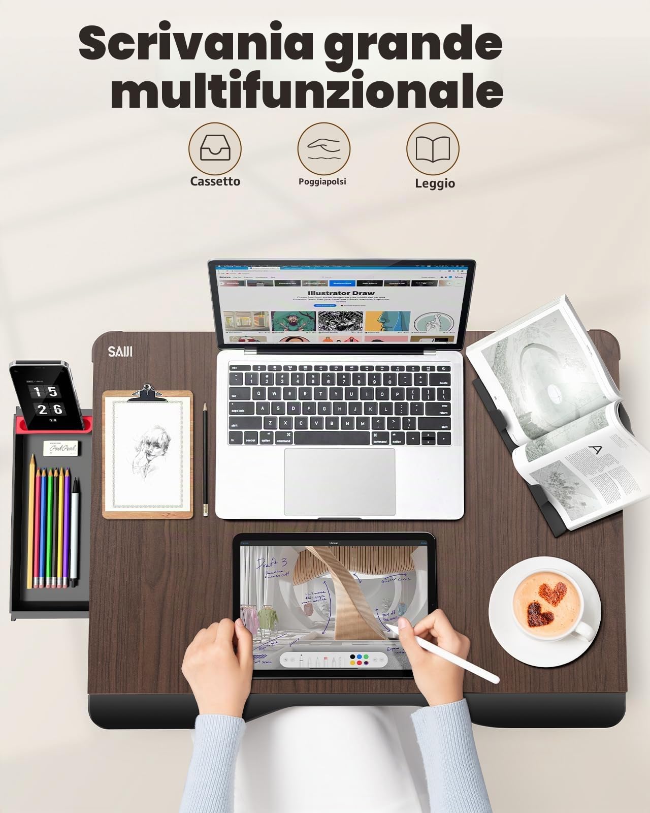 Tavolo da letto per laptop, tavolo da letto pieghevole SAIJI XXL, per studiare, mangiare, divano, letto, con cassetto, supporto per telefono tablet libro (nero, 65 * 49 * 30cm)