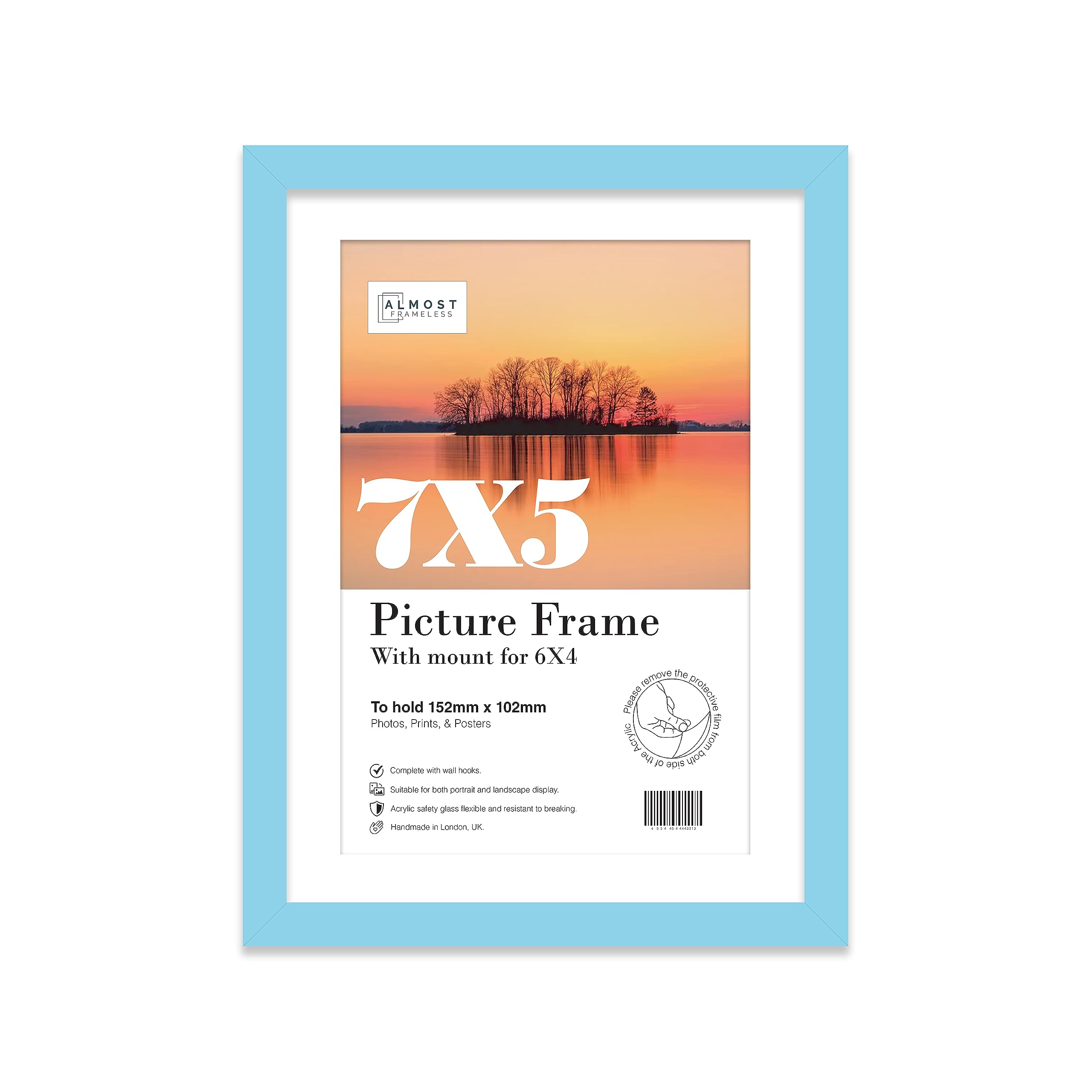 Almost Frameless 7x5 Light Blue Picture Frame With Mount for 6x4 Print, Poster or Photo Poster, Photo, Artwork, or Print. Thin Edge Slim Frame Portrait and Landscape Display with Wall Hooks