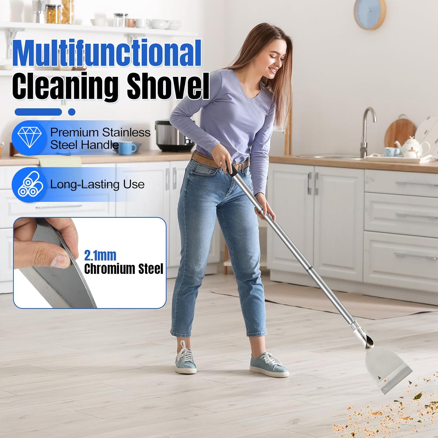 Floor Scraper Tool, Garden Flat Shovel, Razor Blade Paint Scrapers for Wallpaper Sticker Removal, Tile Gum Glue Stains Cleaning Tools, Snow Shovel for Driveway-Stainless Steel Long Handle