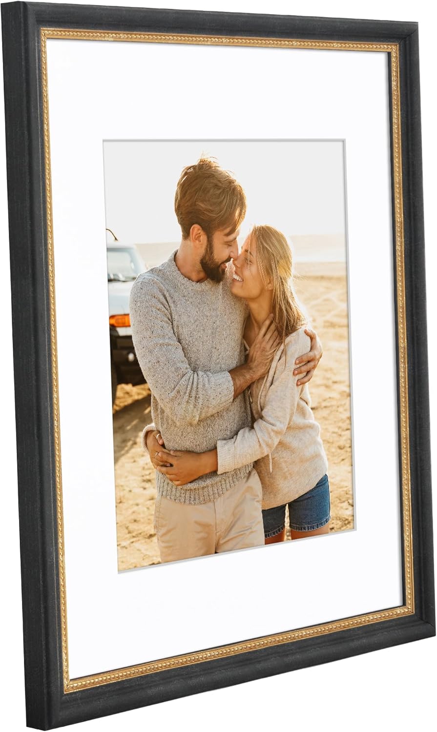 Americanflat Vintage Frames - 11x14 Picture Frame with Beaded Accents and Shatter-Resistant Glass - Use as 8x10 Frame or Display 11x14 Photos Without Mat - Heirloom Collection - Black Gold
