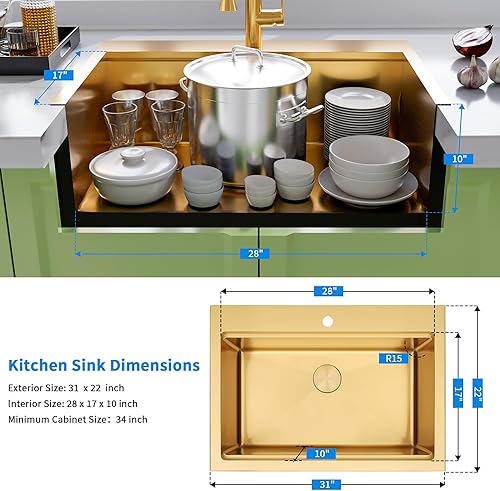 Vista 56 de Fregadero de barra dorada para montaje inferior, fregadero de barra pequeña y preparación, fregadero de barra de acero inoxidable calibre 16