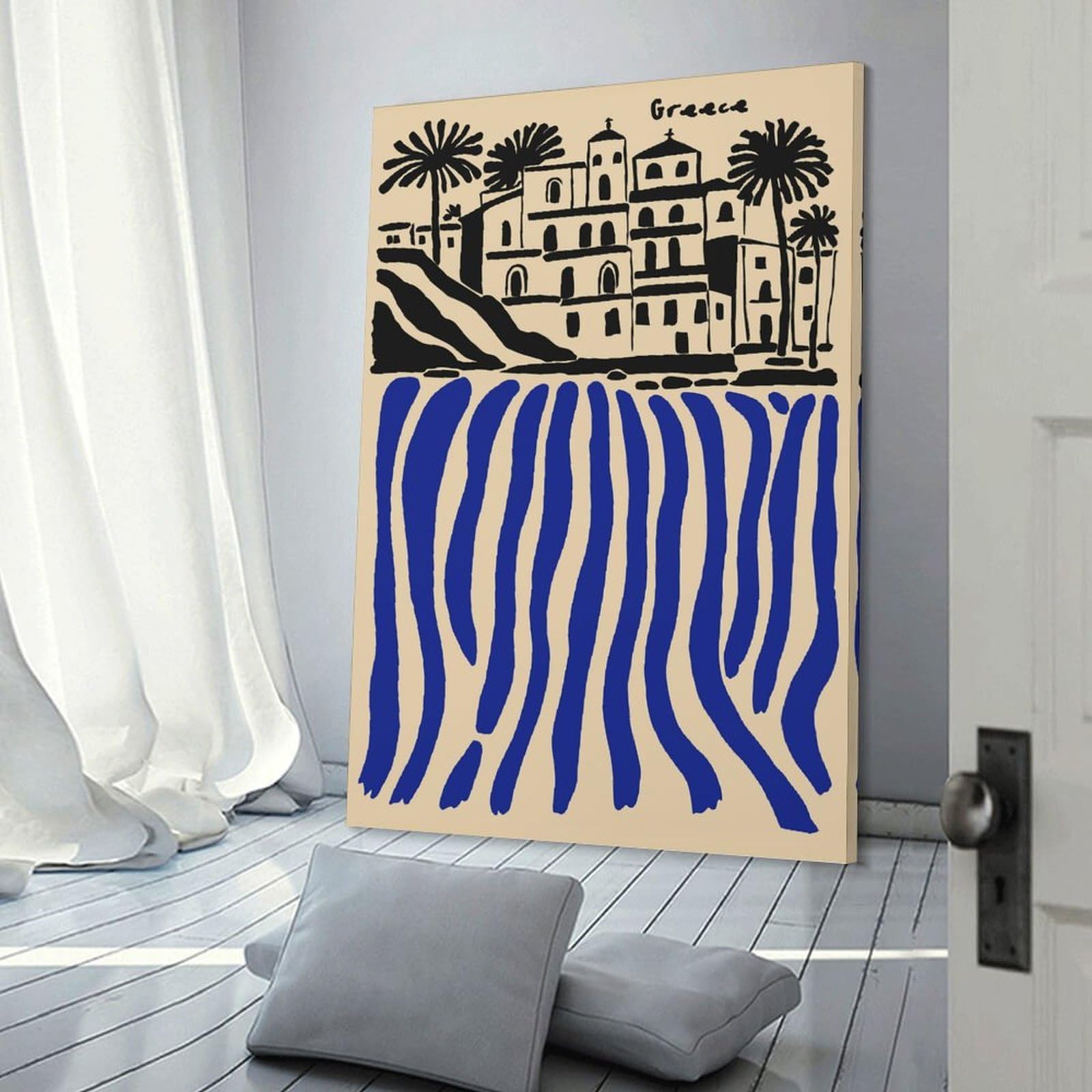 Junmoney Greece Illustration with Blue Water Hanging Wall Art 08x12inch(20x30cm), for Lounge, Bedroom Or Personal Spaces, Home Decor Gift with Stylish Appeal