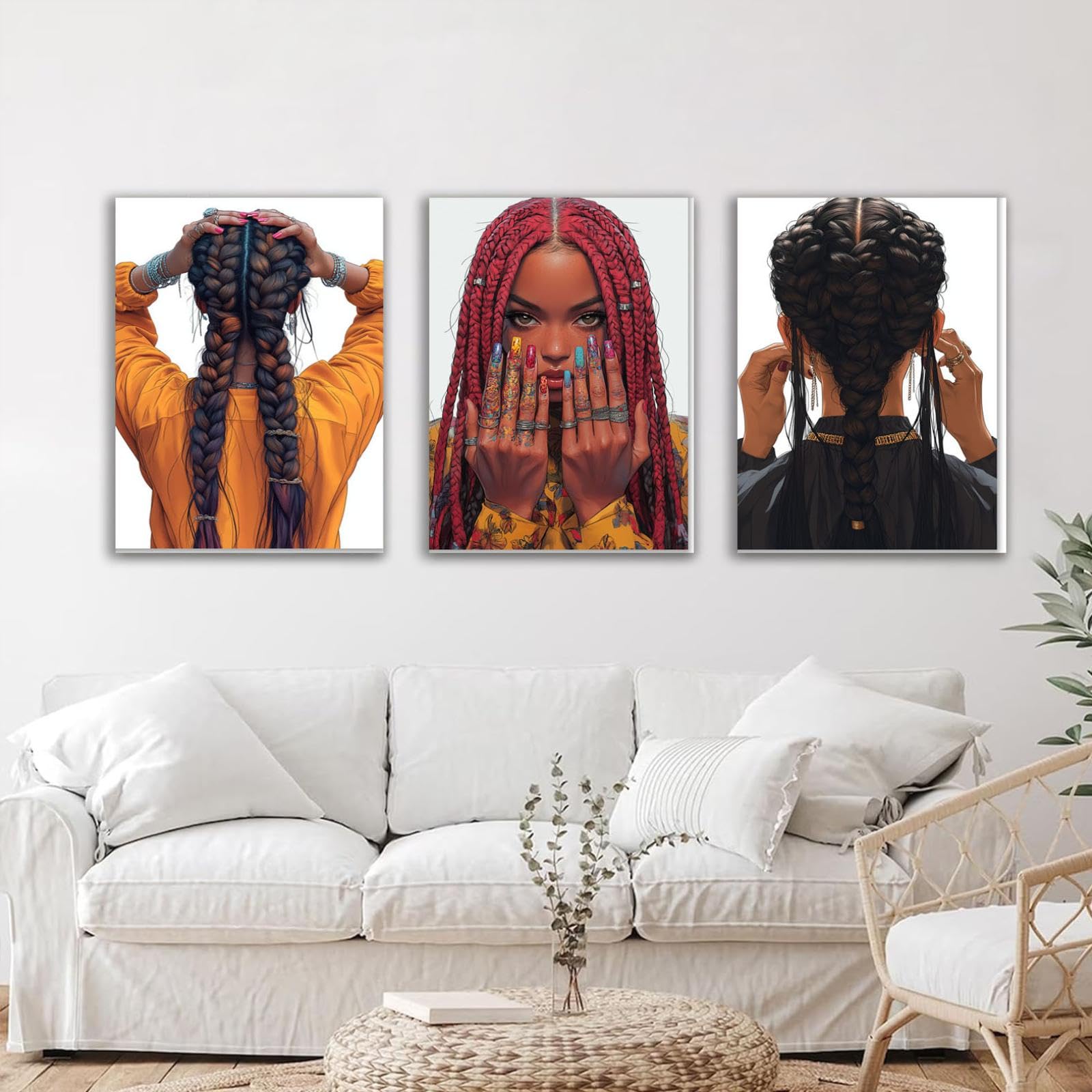 WIKEO Negro 3Pcs Mujeres Negras africanas étnico Lienzo Pintura, Chica Negra Trenzada Abstracta Abstracta Pared Arte Imagen Cartel - Moderno Sala de Estar decoración Impresiones-50x70cmx3 Enmarcado