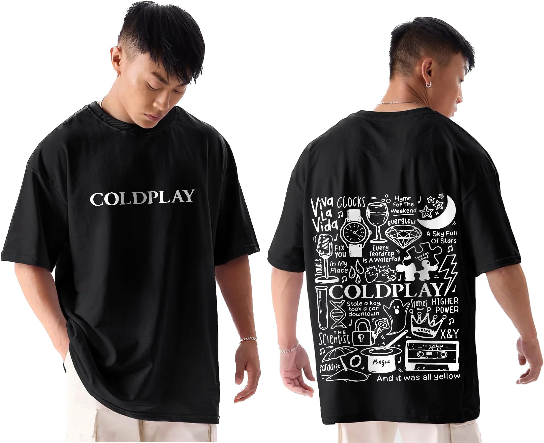 AWARA BACHAColdplay Oversized Black Tshirt for Men and Women Coldplay Band Music of The Spheres Tour Drop Shoulder Unisex Baggy Loose Fit T-Shirts