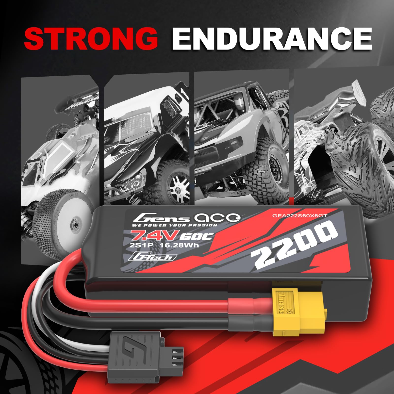 Gens ace 2s Batería Lipo 2200mAh 7.4V 60C con XT60 y Enchufe G-Tech Negro para Helicóptero, Barco RC, Vehículo 1/16