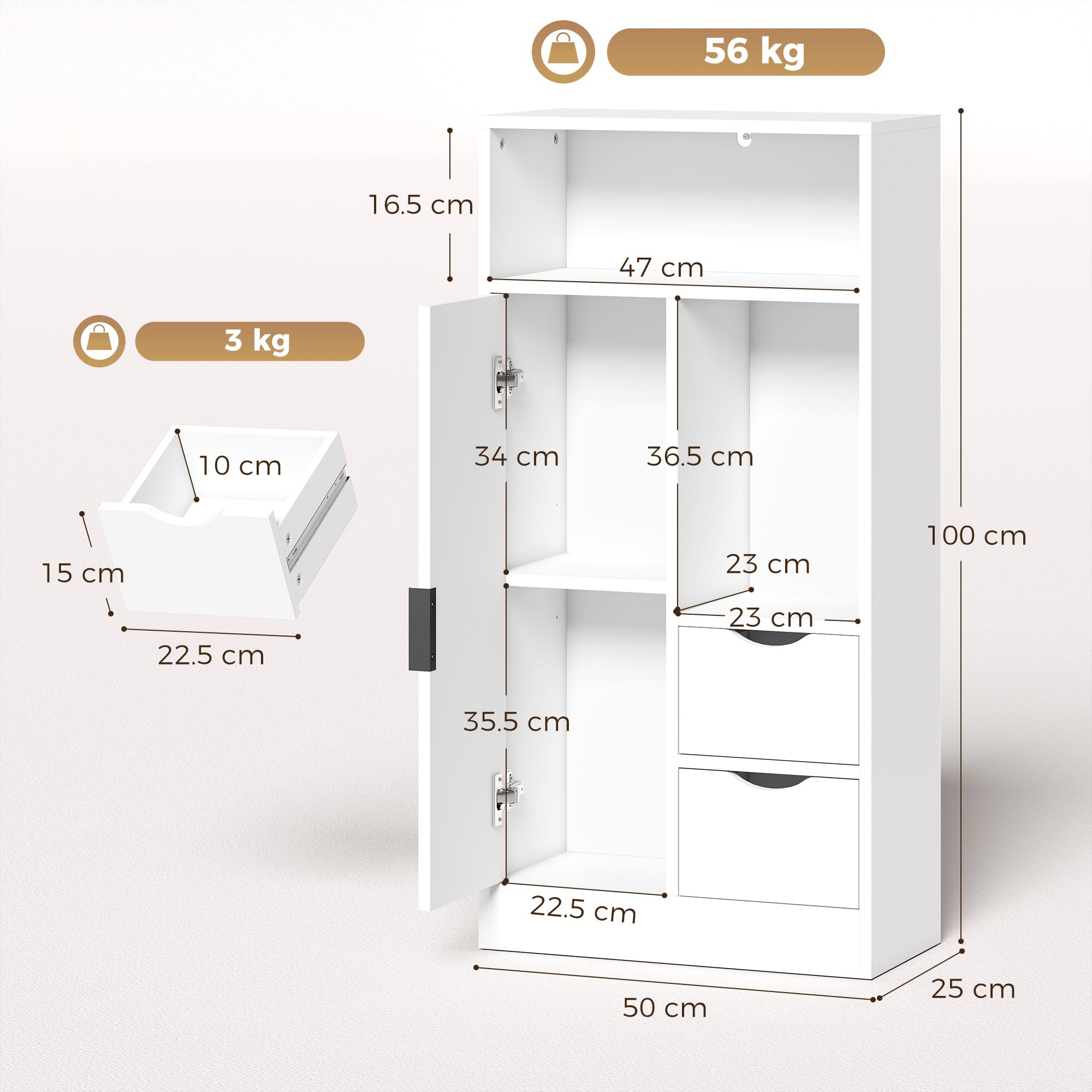 HOMCOM Mobiletto Bagno Salvaspazio Slim 50x25x100 cm Bianco | Mobile Bagno con 2 Cassetti, Ripiani Regolabili a 3 Livelli e Armadietto, Stile Nordico