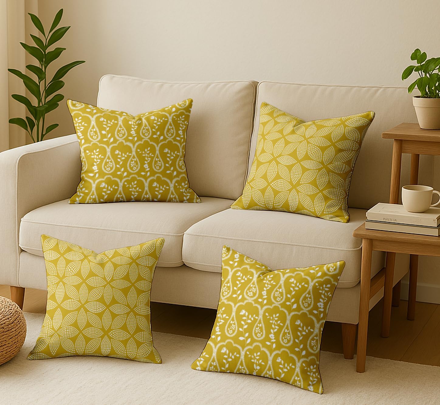 Cotton Cushion Covers Set of 4-16x16 Inch, Geometric Print, Double-Sided Printed Throw Pillow Covers with Hidden Zipper - No Filler - Yellow