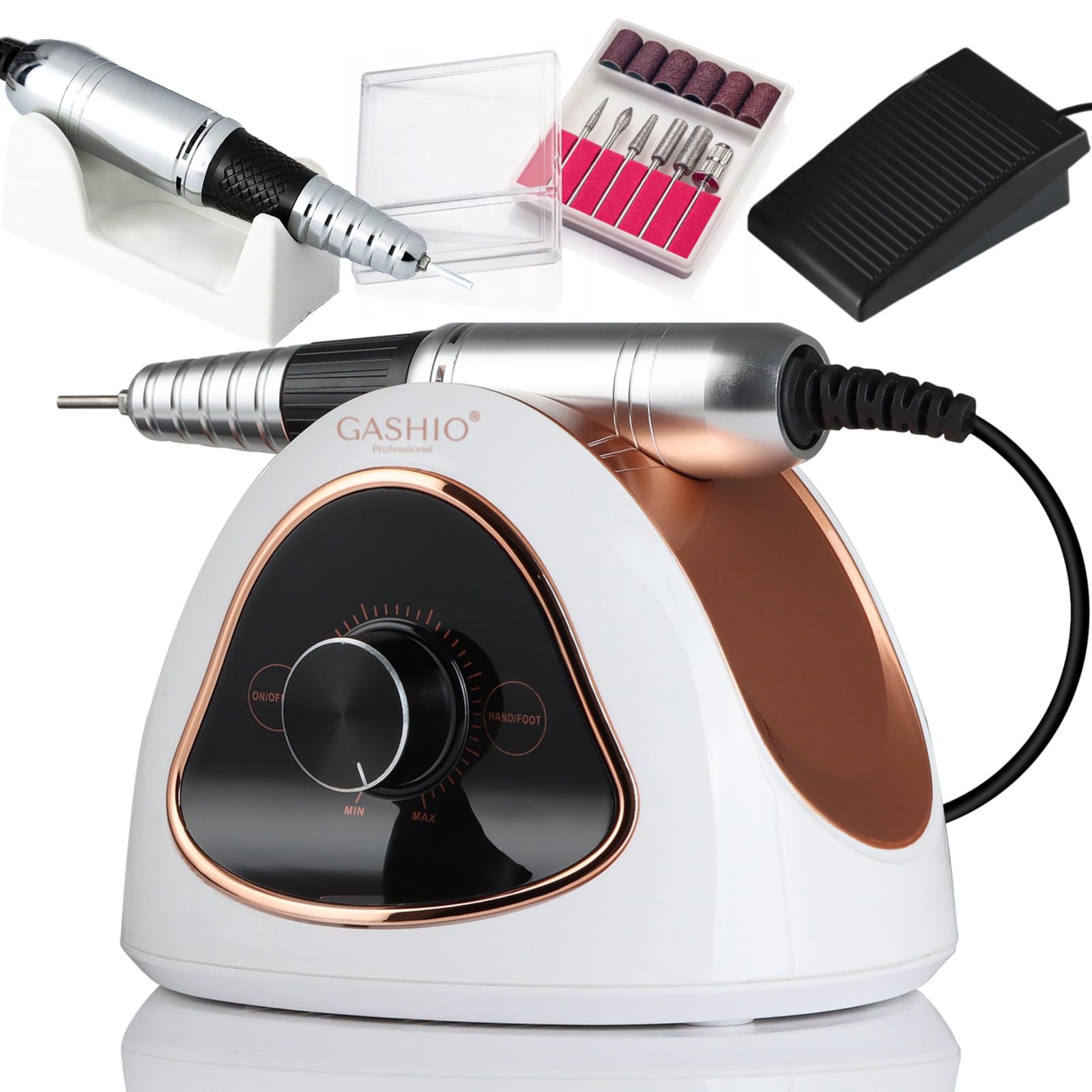 Fresa de uñas para uñas de gel, 68 W, profesional, lima de uñas eléctrica para uñas de gel, 45 000 rpm, con un juego de cortadores de galletas y pedal de pie, manicura y pedicura, juego