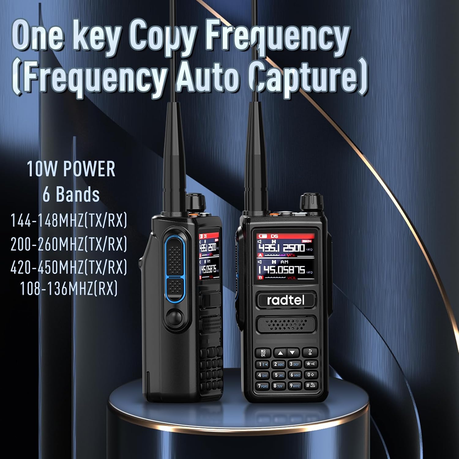 Two Radtel RT-470 radios demonstrating the one-key frequency copy feature
