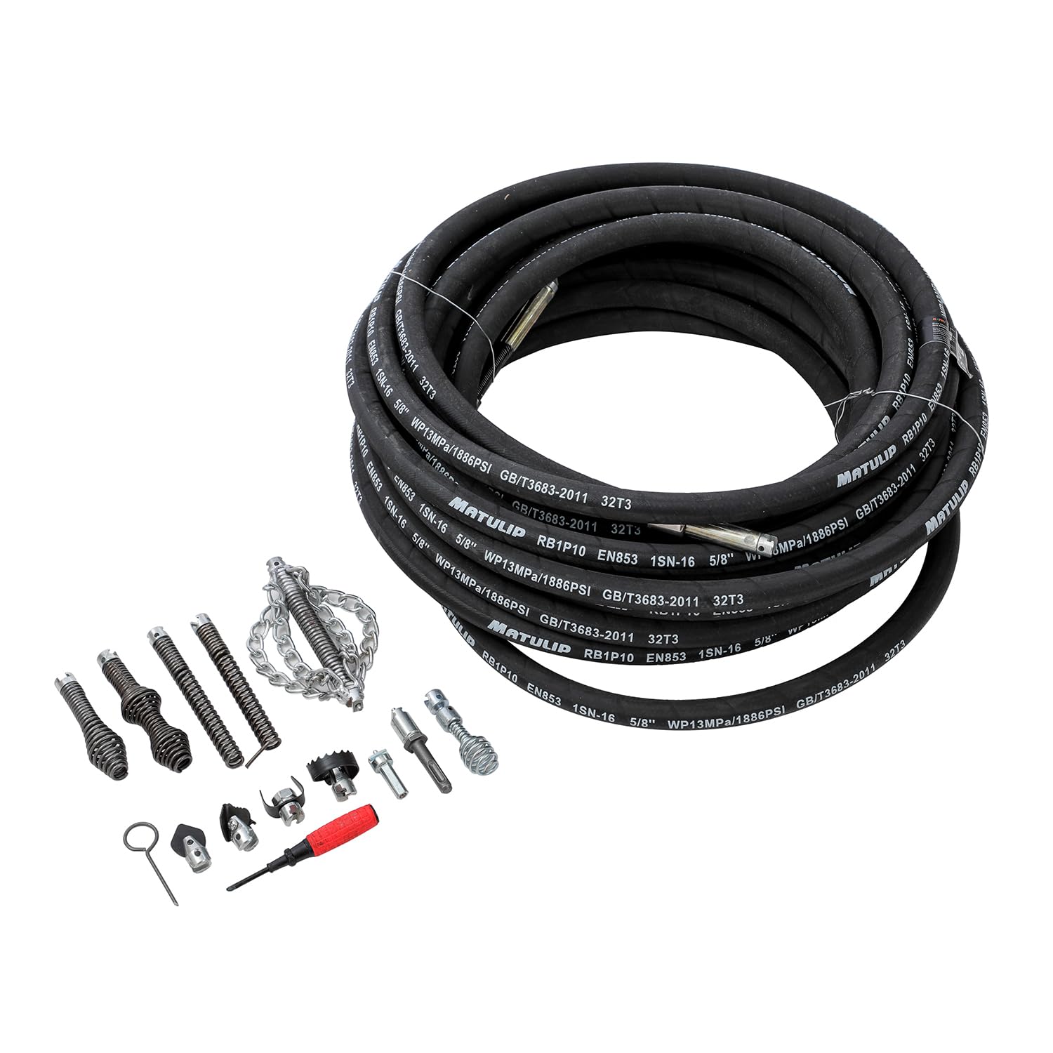 KATSU Tools Kit de extracción de bloqueo de 13 mm x 20 m, accesorios de taladro de cable de limpieza de drenaje, cortadores múltiples de descalcificación y cadena de drenaje, para fregadero, inodoro