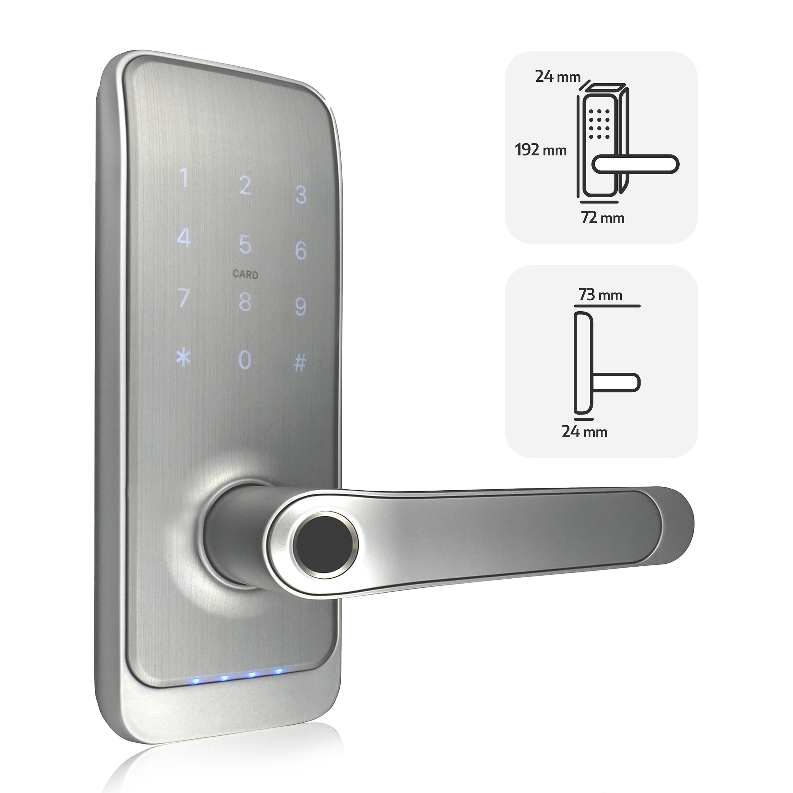EURA ELH-01H4 Cerradura de puerta inteligente con manija Cerradura de código 13.56MHz Lector de proximidad lector biométrico IP65 Espaciado de cerrojo universal Plata