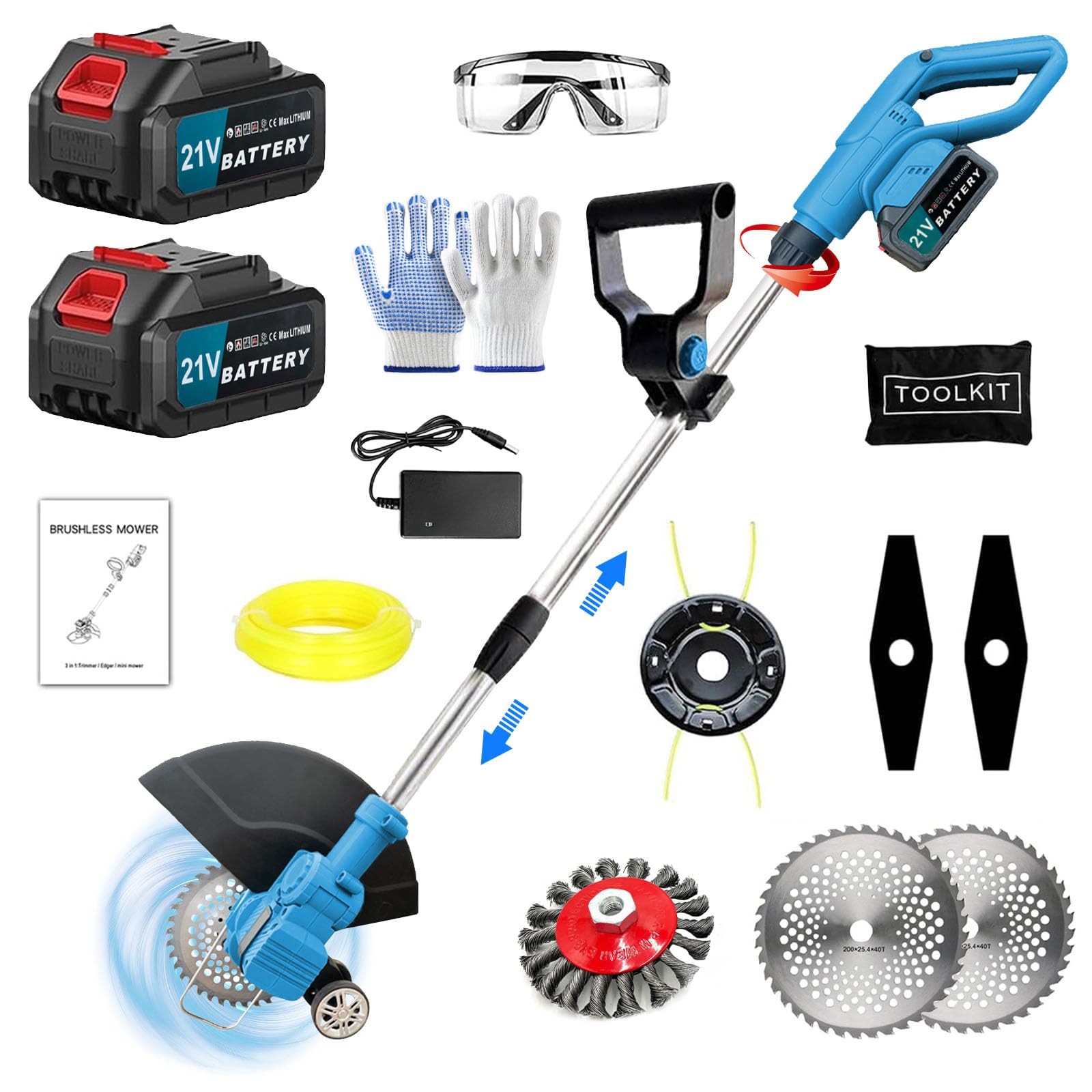 Akku Rasentrimmer kompatibel mit Makita-Akkus mit 4 verschiedenen Messertypen Bürstenloser Rasentrimmer mit 2 x 21V-Akkus Rasenkantenschneider Akku-Motorsense für Garten