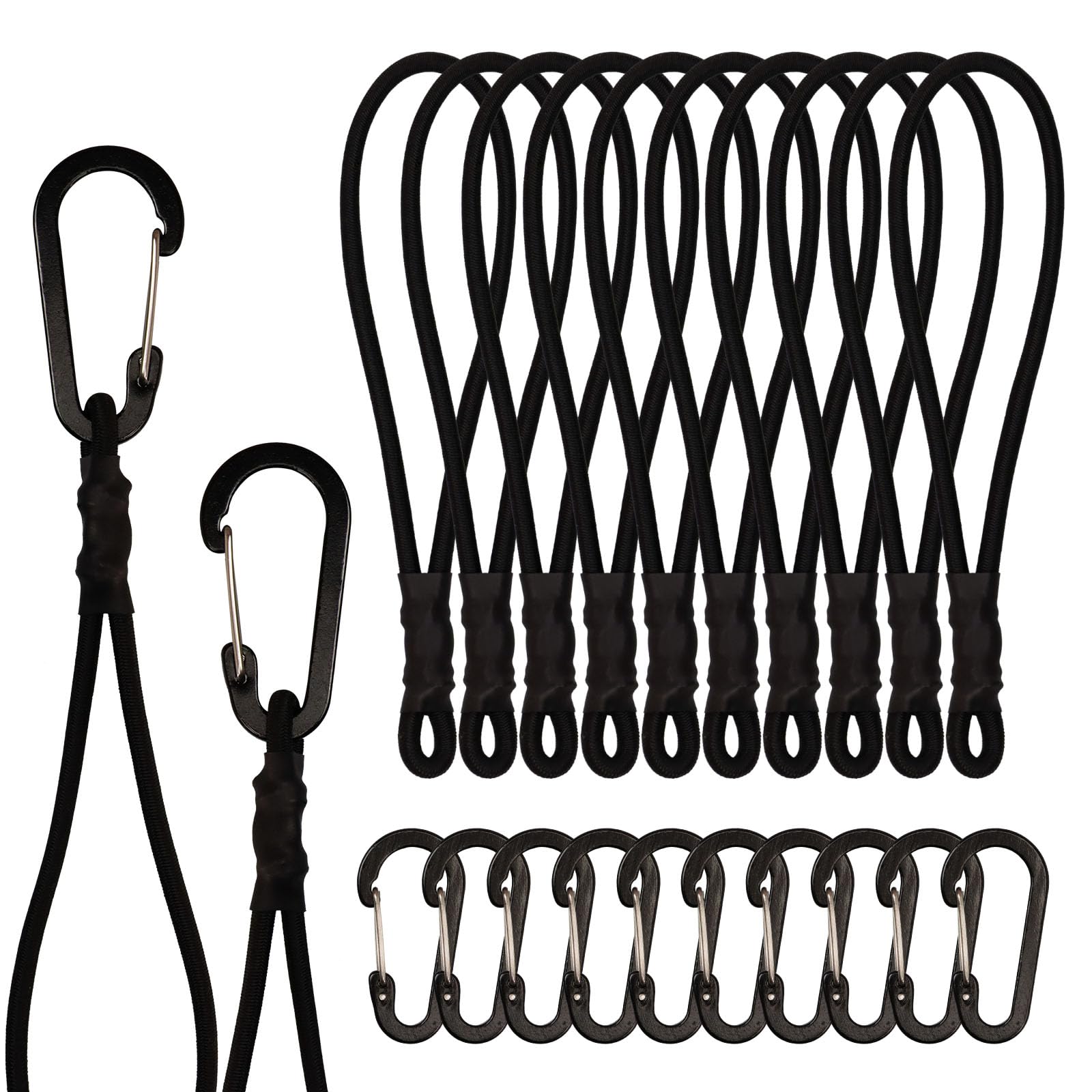 XHTXHT 10Pcs bungee cords with carabiner clips,small bungee cords,Short bungee straps with hooks,Extra Strong Black Bungee Straps with Carabiner Hooks for Securing Luggage,Camping Gear (20cm*5mm)