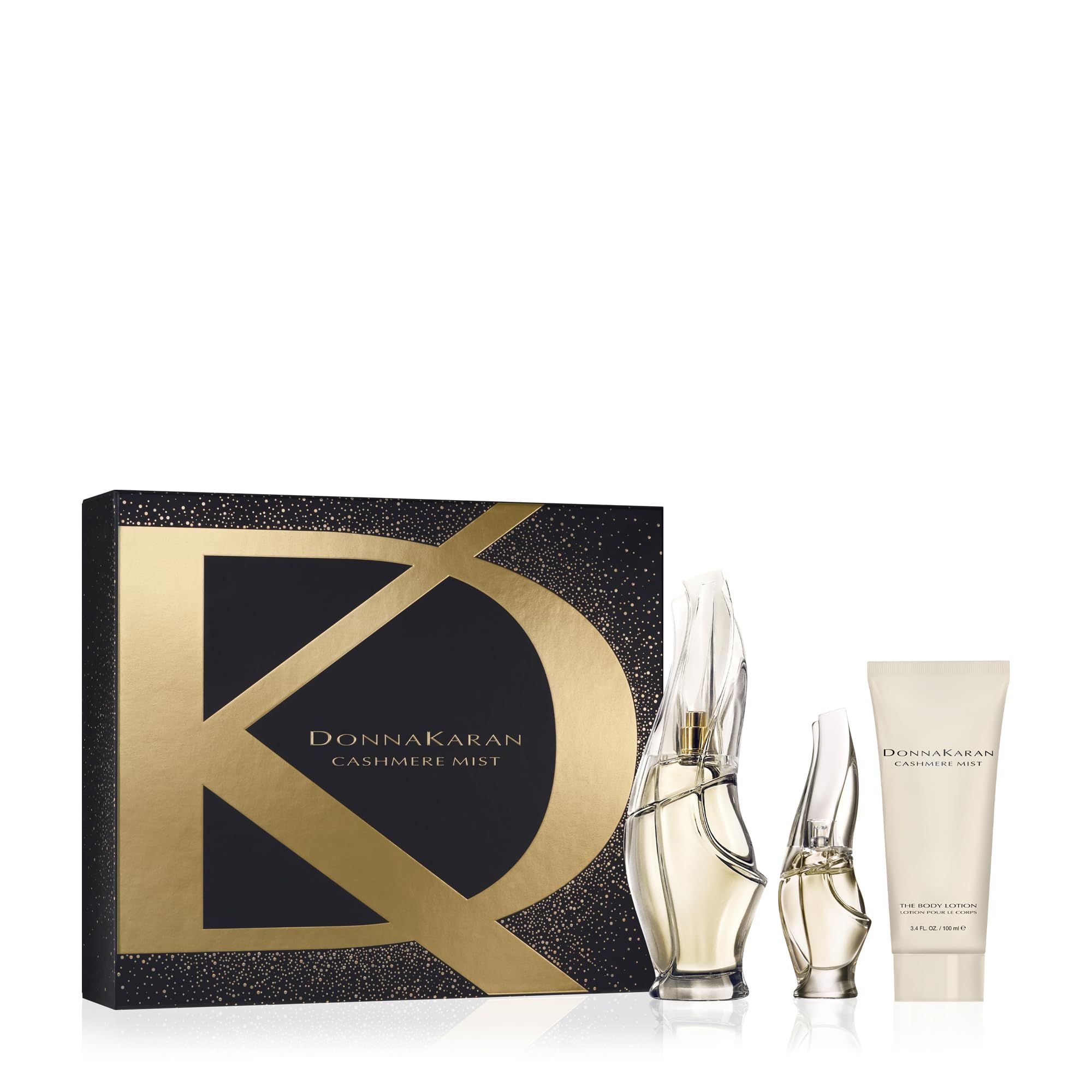Donna Karan Cashmere Mist Eau de Parfum Essentials 3 Piece Gift Set For Women - Perfume Spray 3.4 Fl. Oz., Deluxe Miniature 0.5 Fl. Oz., & Body Lotion 3.4 Fl. Oz.